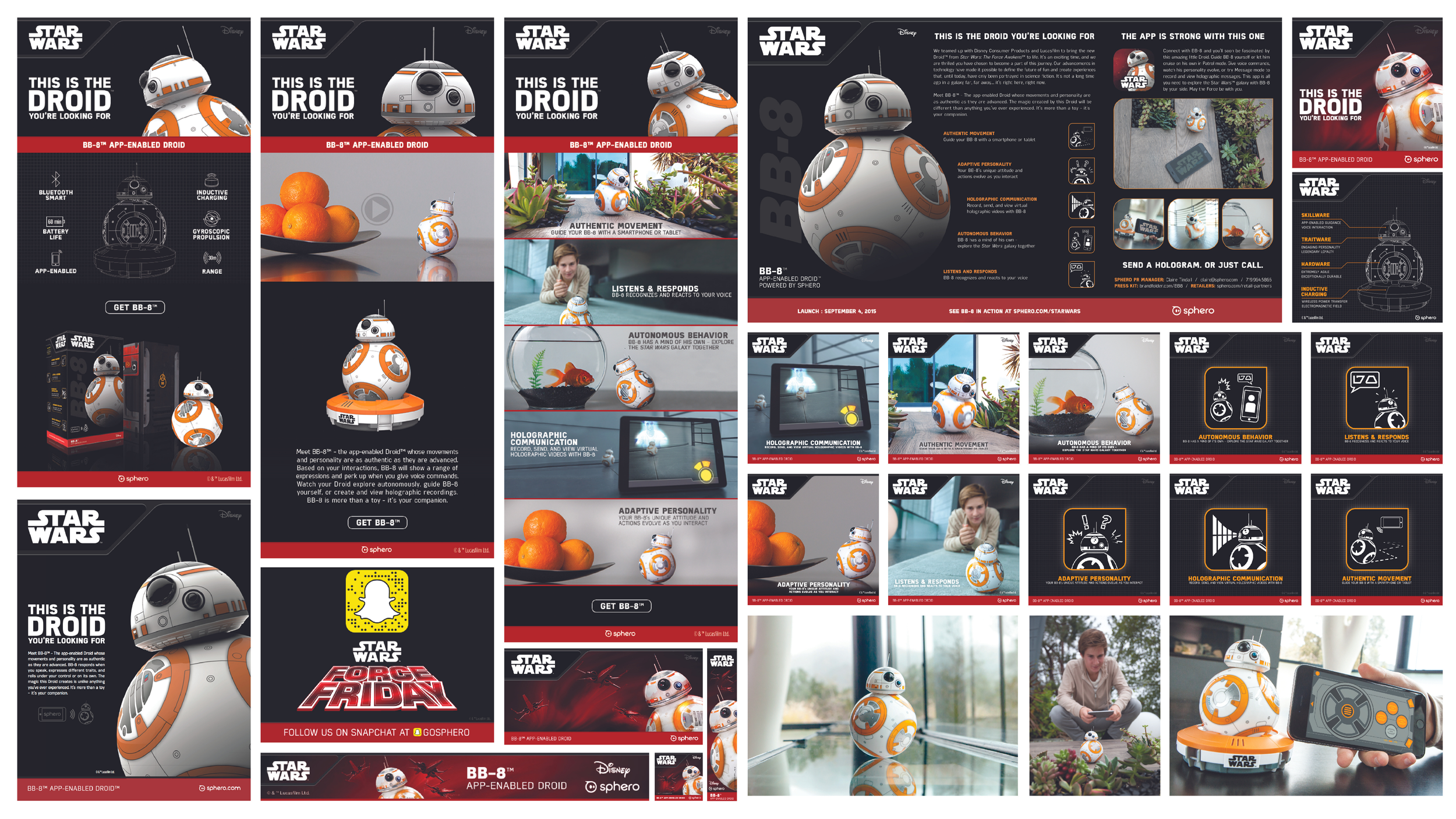 Contact sheet of Star Wars BB-8 app-enabled droid campaign assets: banners, one-sheet, social tiles and lifestyle photos