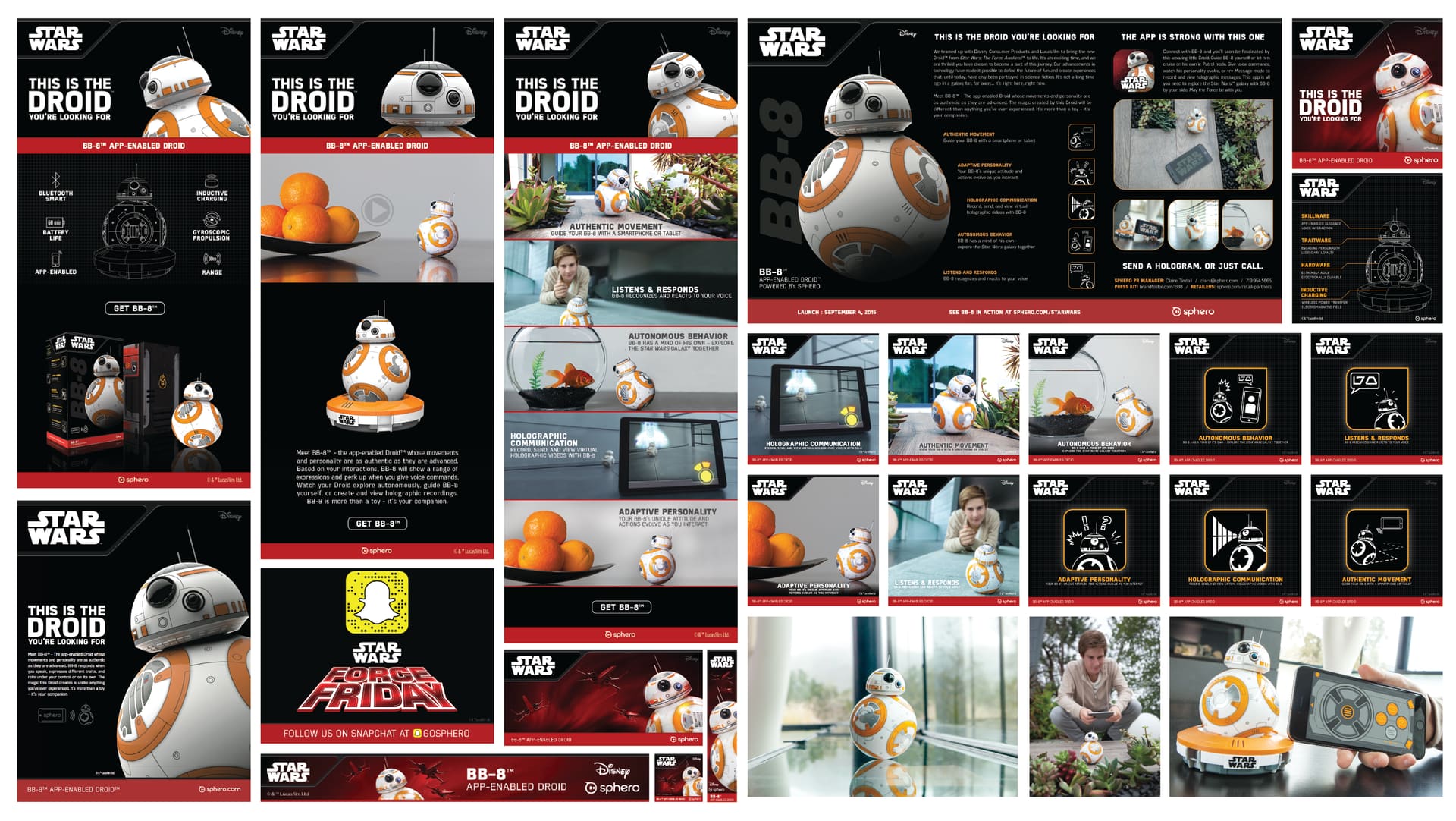 Campaign board of Star Wars BB-8 App-Enabled Droid ads, press one-sheet, feature tiles and lifestyle photos