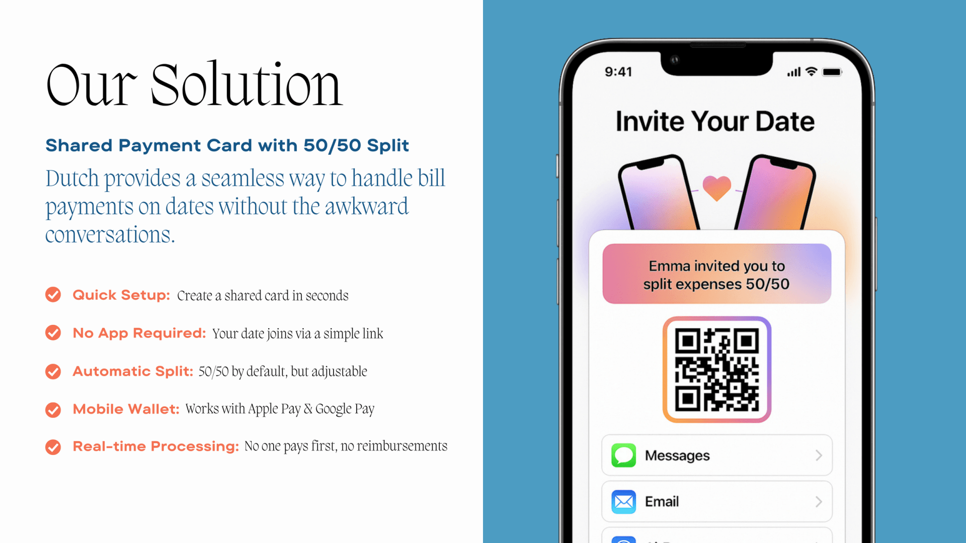 Dutch "Our Solution" slide listing five benefits beside an Invite Your Date phone screen with QR code