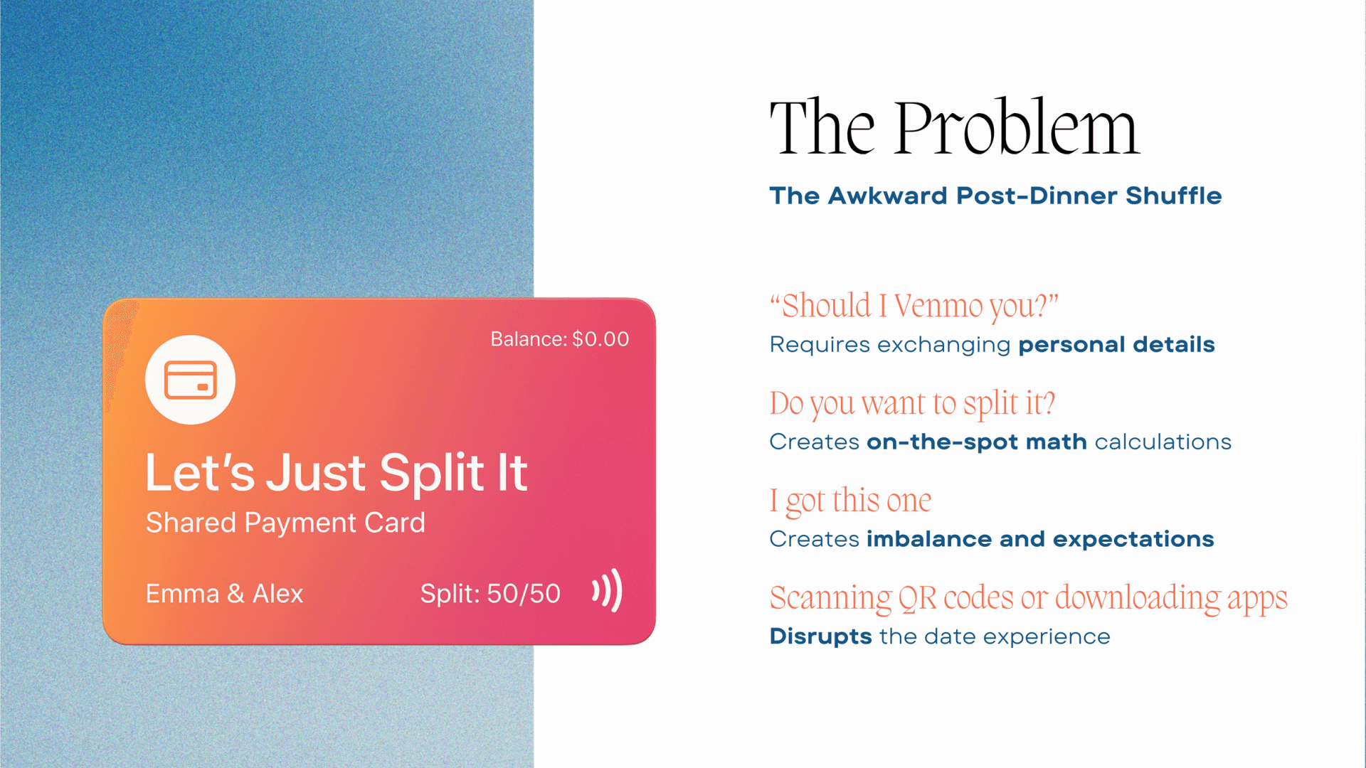 Pitch slide 'The Problem' with an orange-to-pink shared payment card labeled Let's Just Split It beside four friction points