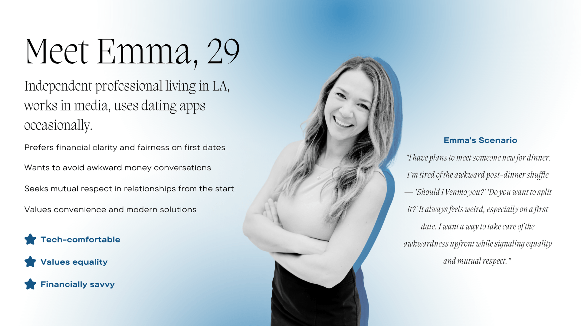 Dutch persona slide "Meet Emma, 29" with traits, star attributes and a scenario quote beside a portrait