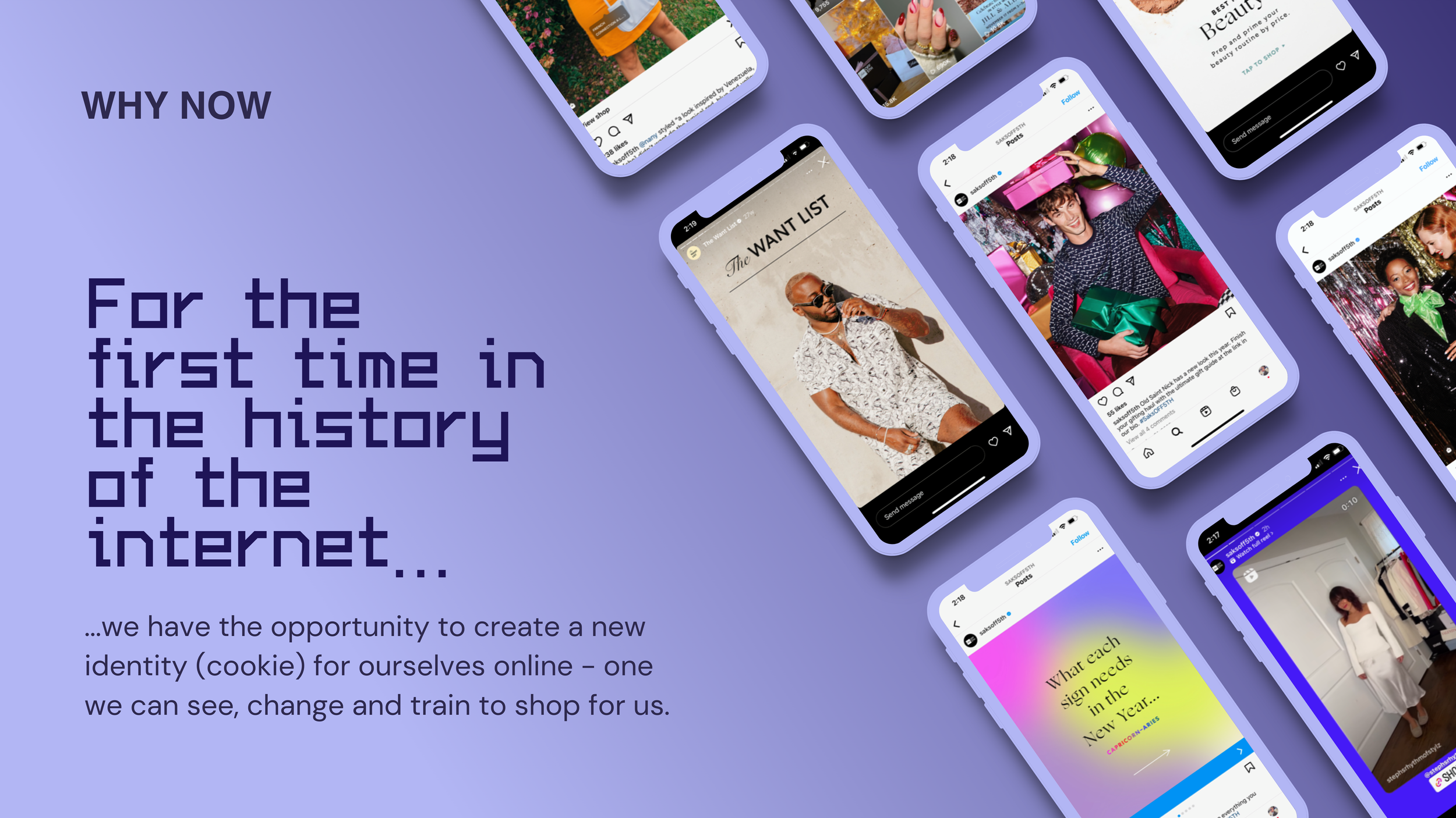 KOOKIE 'Why Now' slide in purple, with phone mockups of Saks Off 5th Instagram posts and stories fanned across the right
