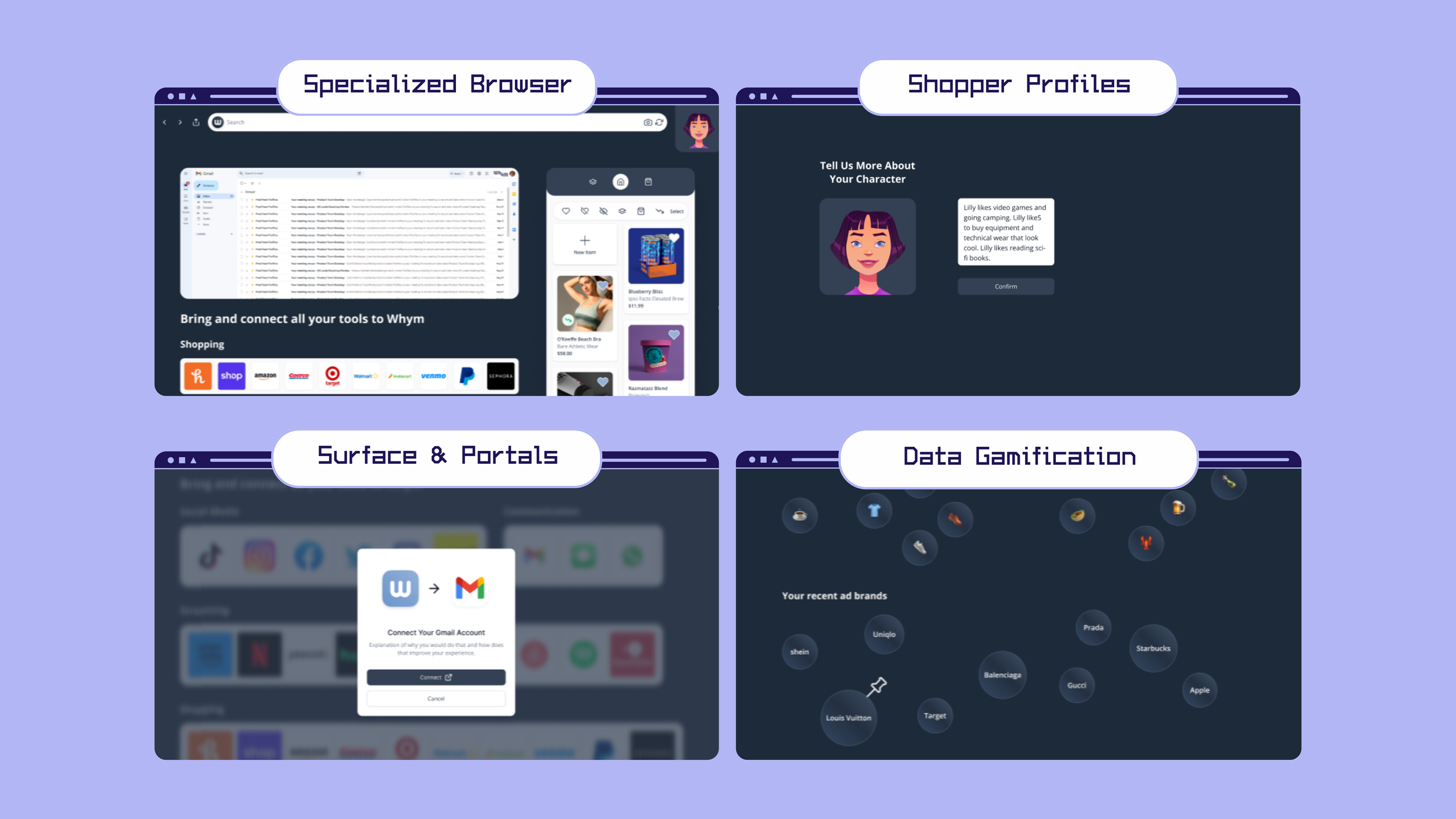 Four-quadrant KOOKIE concept board: Specialized Browser, Shopper Profiles, Surface & Portals and Data Gamification screens
