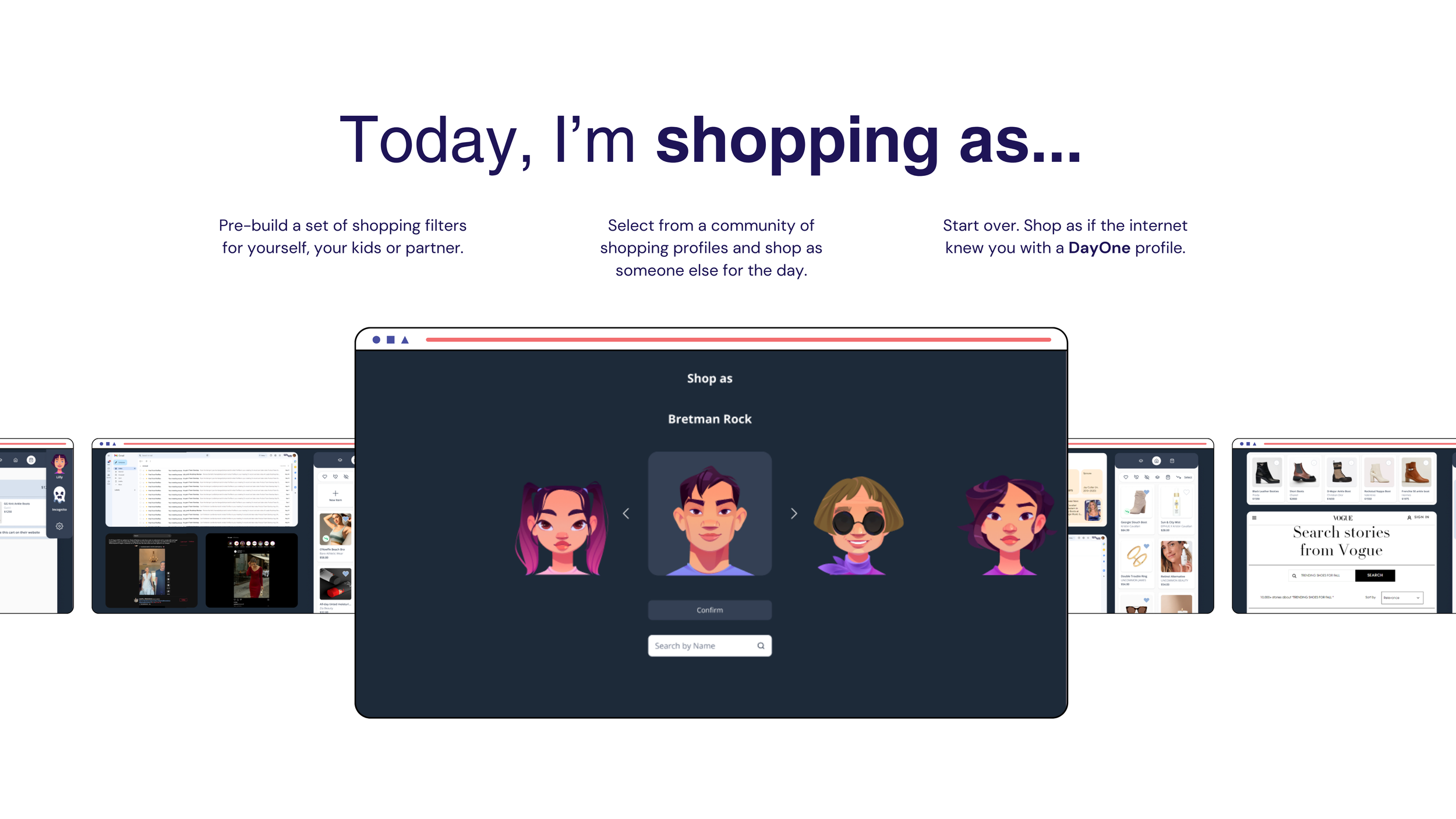 KOOKIE slide 'Today, I'm shopping as...' with a Shop as profile picker showing illustrated avatars and a Confirm button