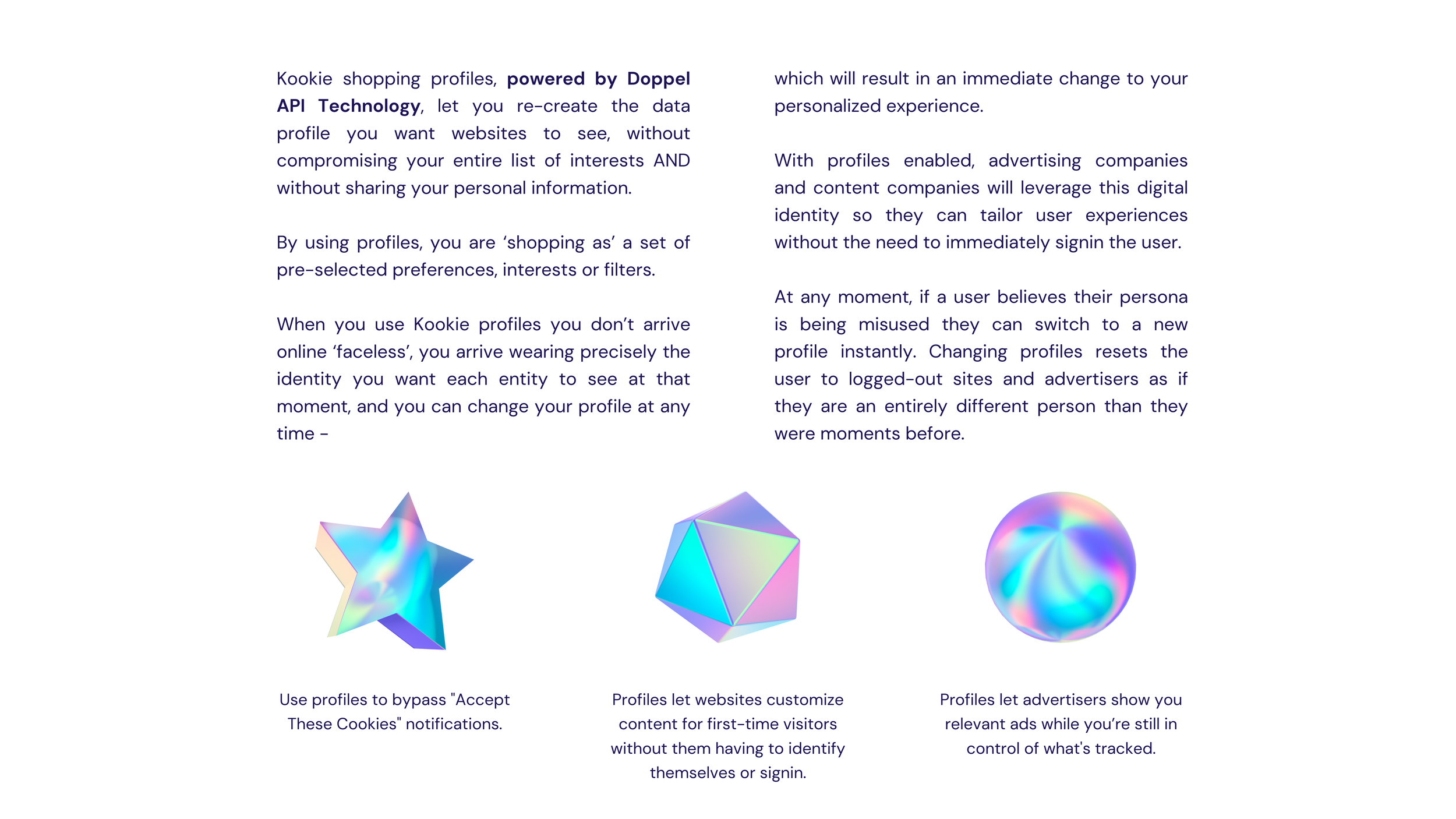 Kookie deck page explaining Doppel-powered shopping profiles with three iridescent 3D shapes