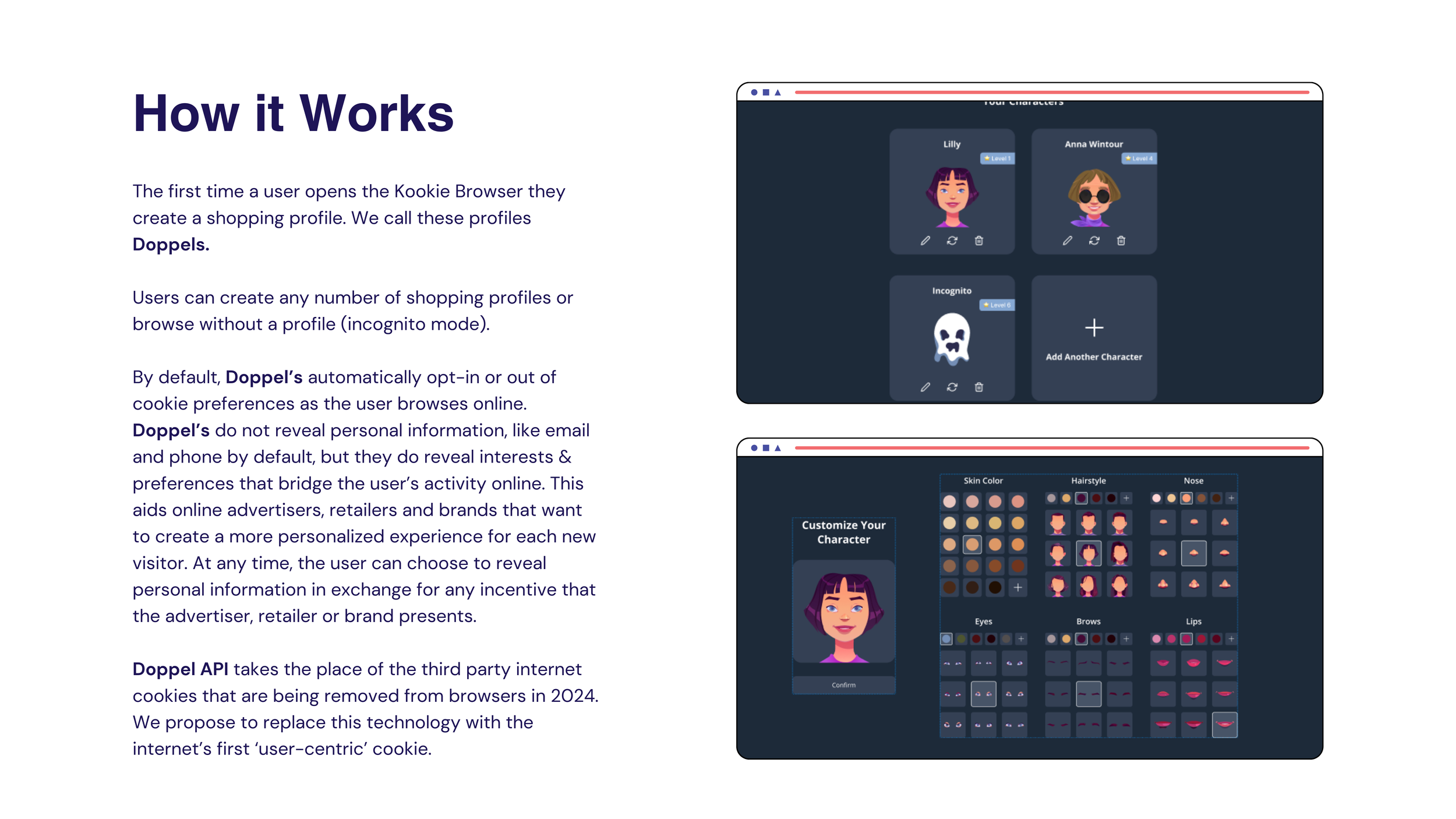 Kookie "How it Works" deck page with browser mockups showing Doppel profile cards and avatar builder