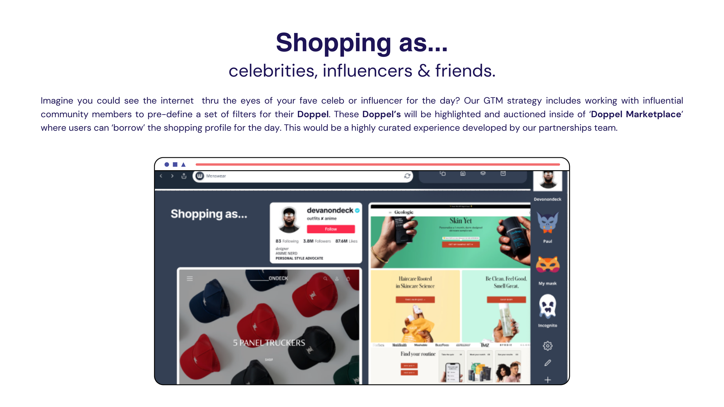 Pitch slide titled 'Shopping as... celebrities, influencers & friends' above a browser mockup of a creator shopping profile