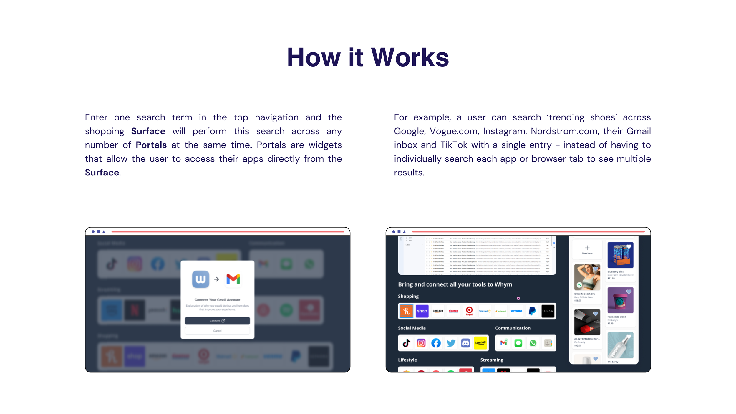 Kookie "How it Works" slide describing the shopping Surface and Portals, with two browser mockups