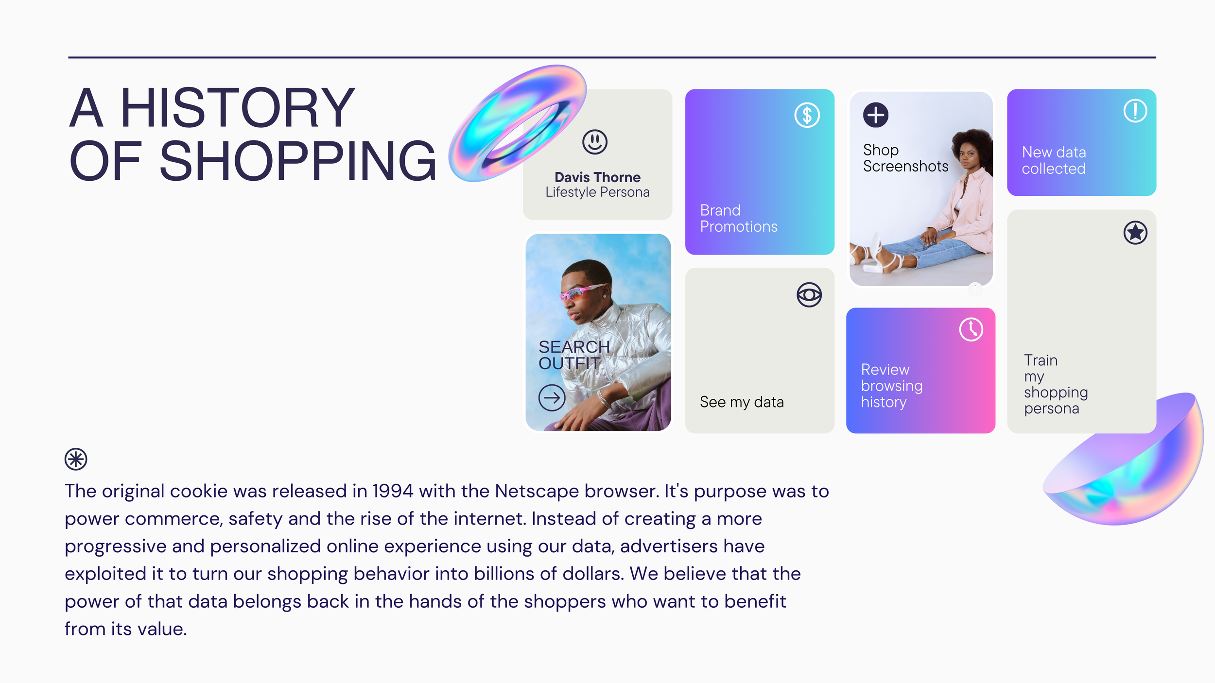 Kookie slide titled A History of Shopping with gradient feature cards and a paragraph on cookies and data