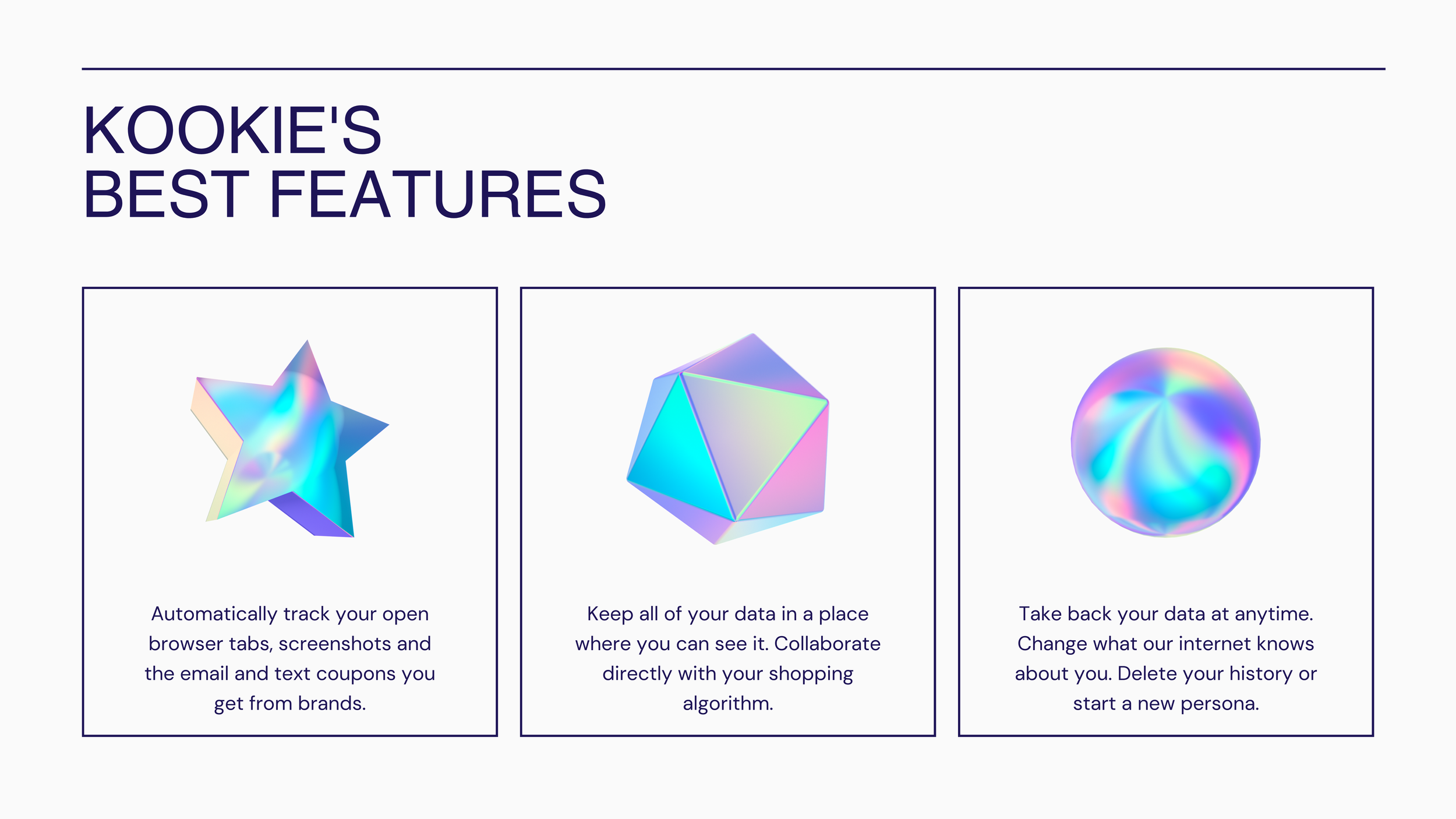 Kookie's Best Features slide with three iridescent 3D shapes and feature descriptions