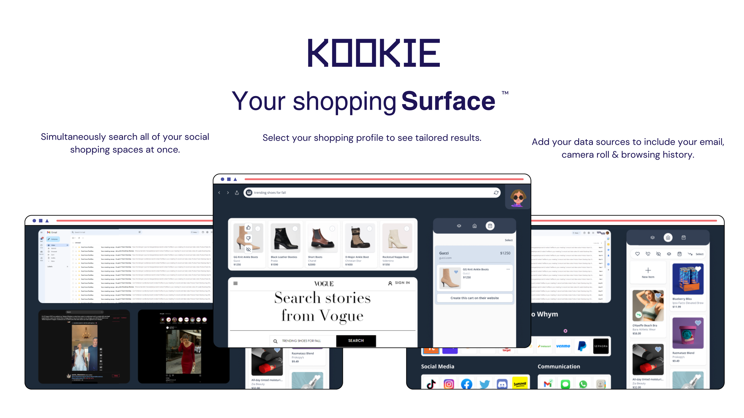 KOOKIE 'Your shopping Surface' slide with layered browser mockups showing cross-platform product search results