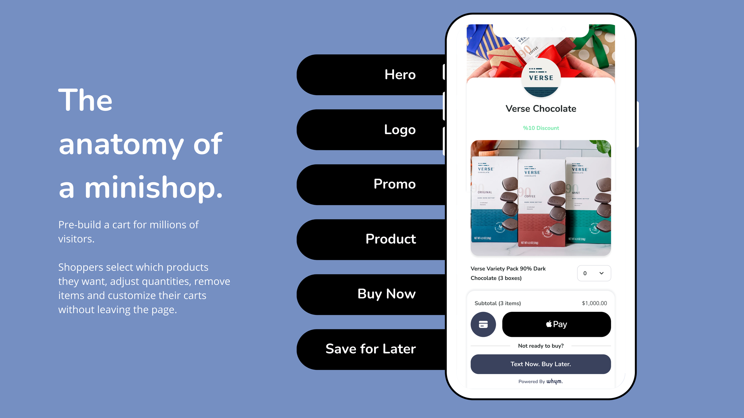 Slide labeled "The anatomy of a minishop" with stacked component labels beside a Verse Chocolate cart mockup