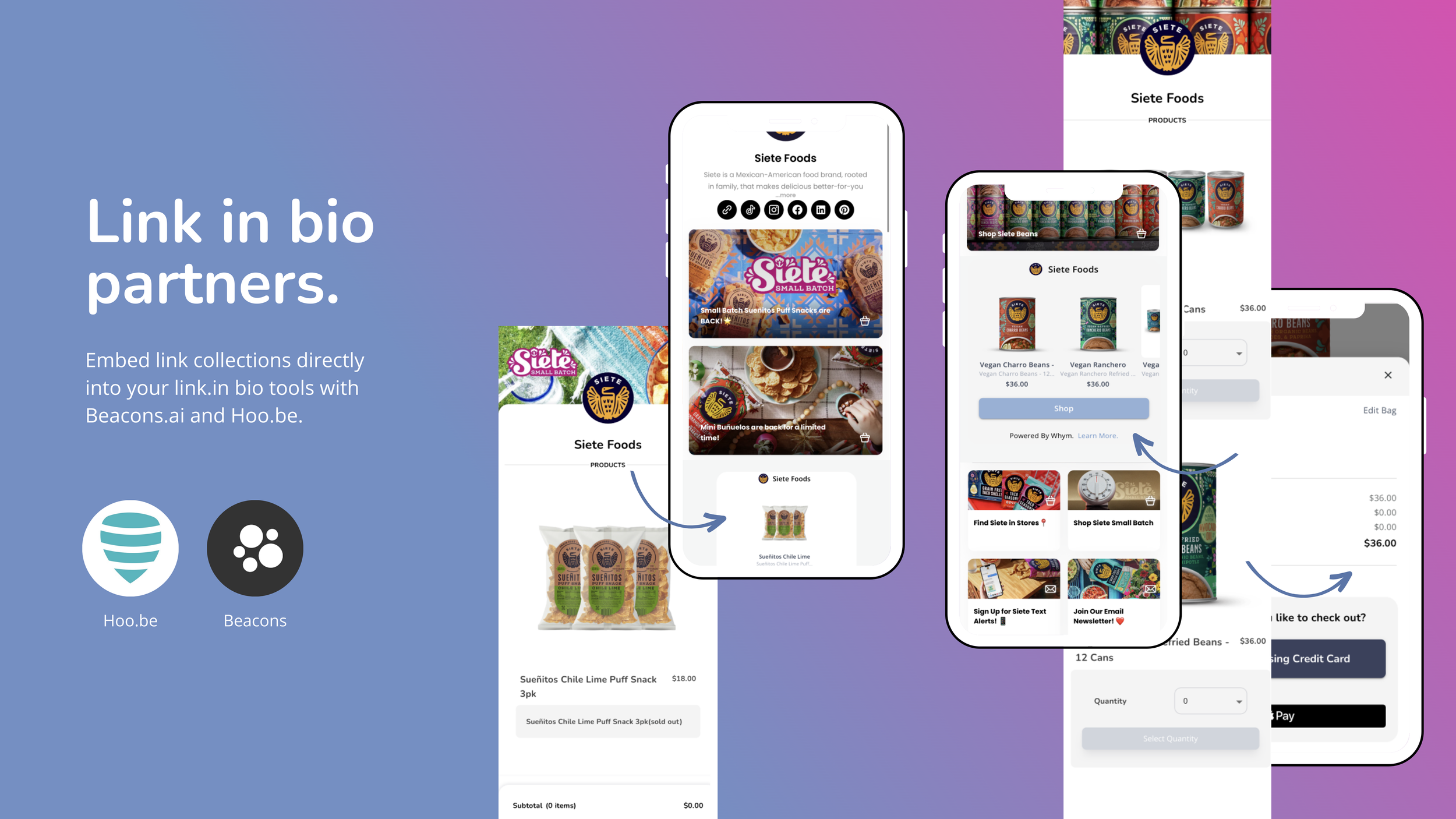 Link in bio partners slide: Hoo.be and Beacons logos beside phone mockups of a Siete Foods Whym minishop and checkout