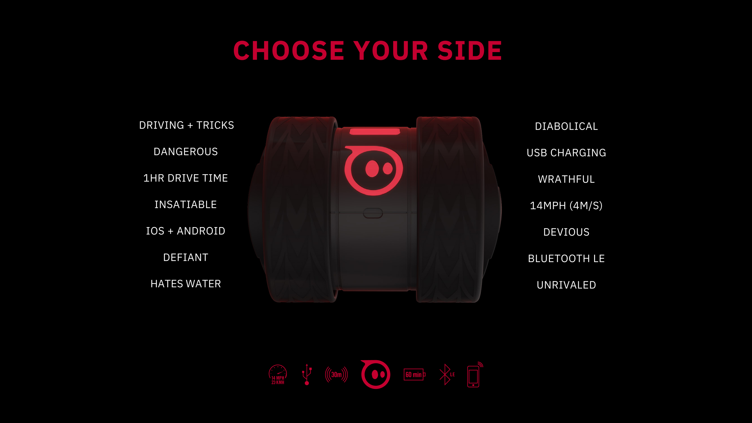 Black Ollie Darkside on black with a glowing red Sphero mark, flanked by two columns of spec words above a red icon row