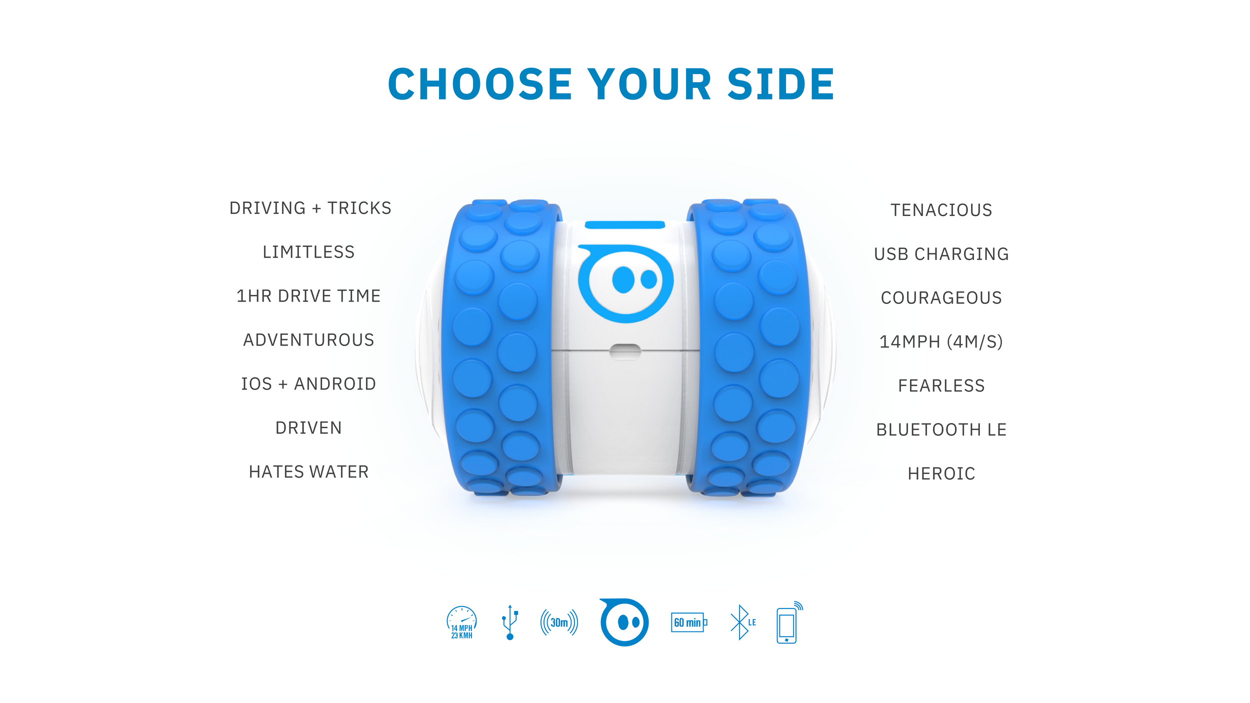 Blue-and-white Ollie on white with a blue Sphero face mark, flanked by two columns of spec words above a blue icon row