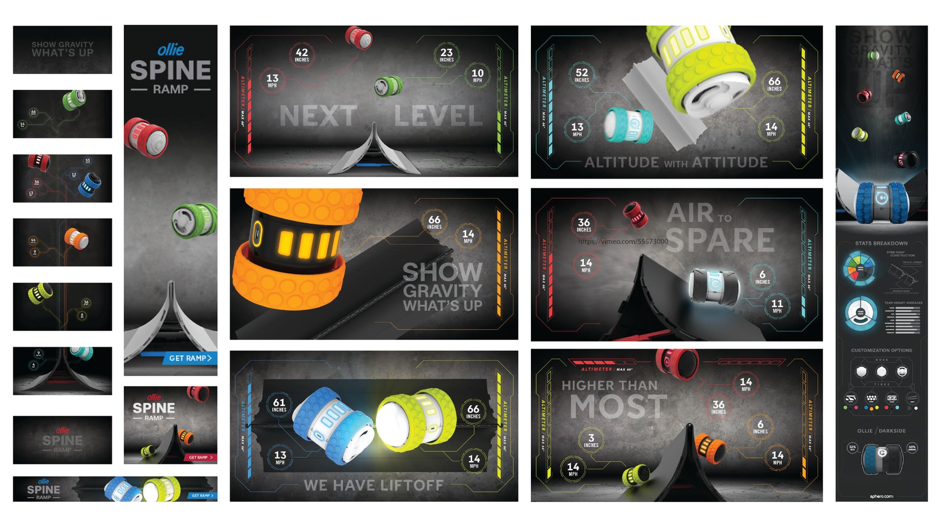 Campaign board of Ollie Spine Ramp ads: banners, HUD-style hero frames with jump-height stats, and a stats-breakdown rail