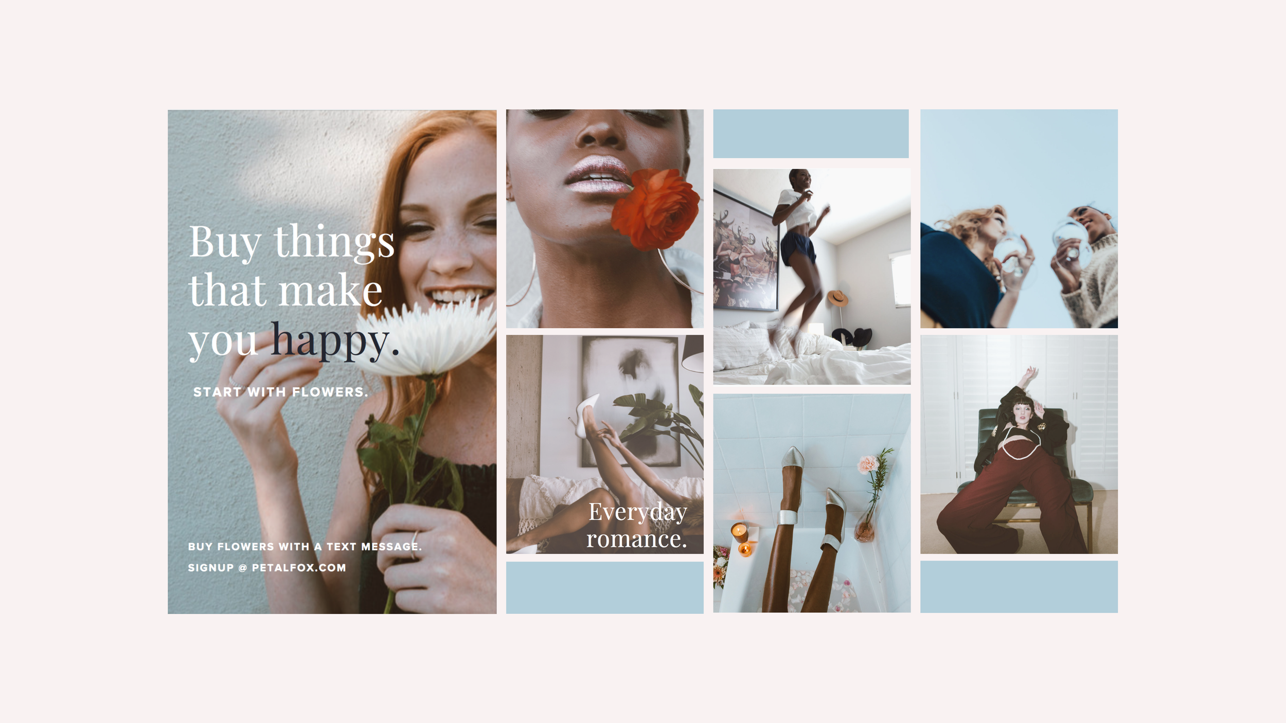 Petalfox brand board: grid of pastel lifestyle photos with headline 'Buy things that make you happy' and 'Everyday romance'