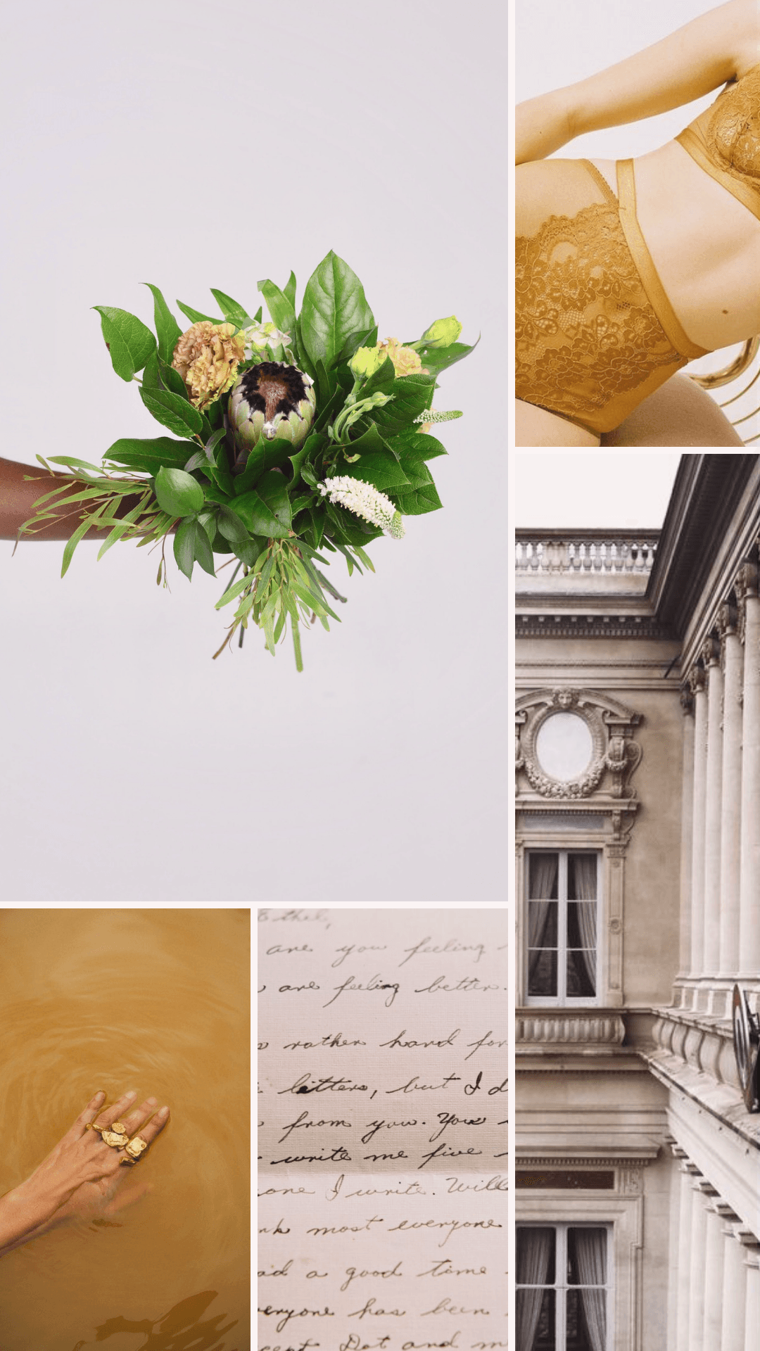 Mood board collage: greenery bouquet, ochre lace lingerie, a handwritten letter, gold rings in amber water, stone facade