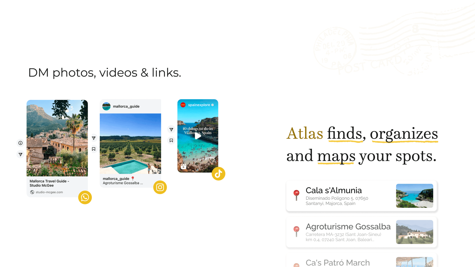 Project Atlas slide showing shared travel posts from WhatsApp, Instagram and TikTok resolving into mapped location cards