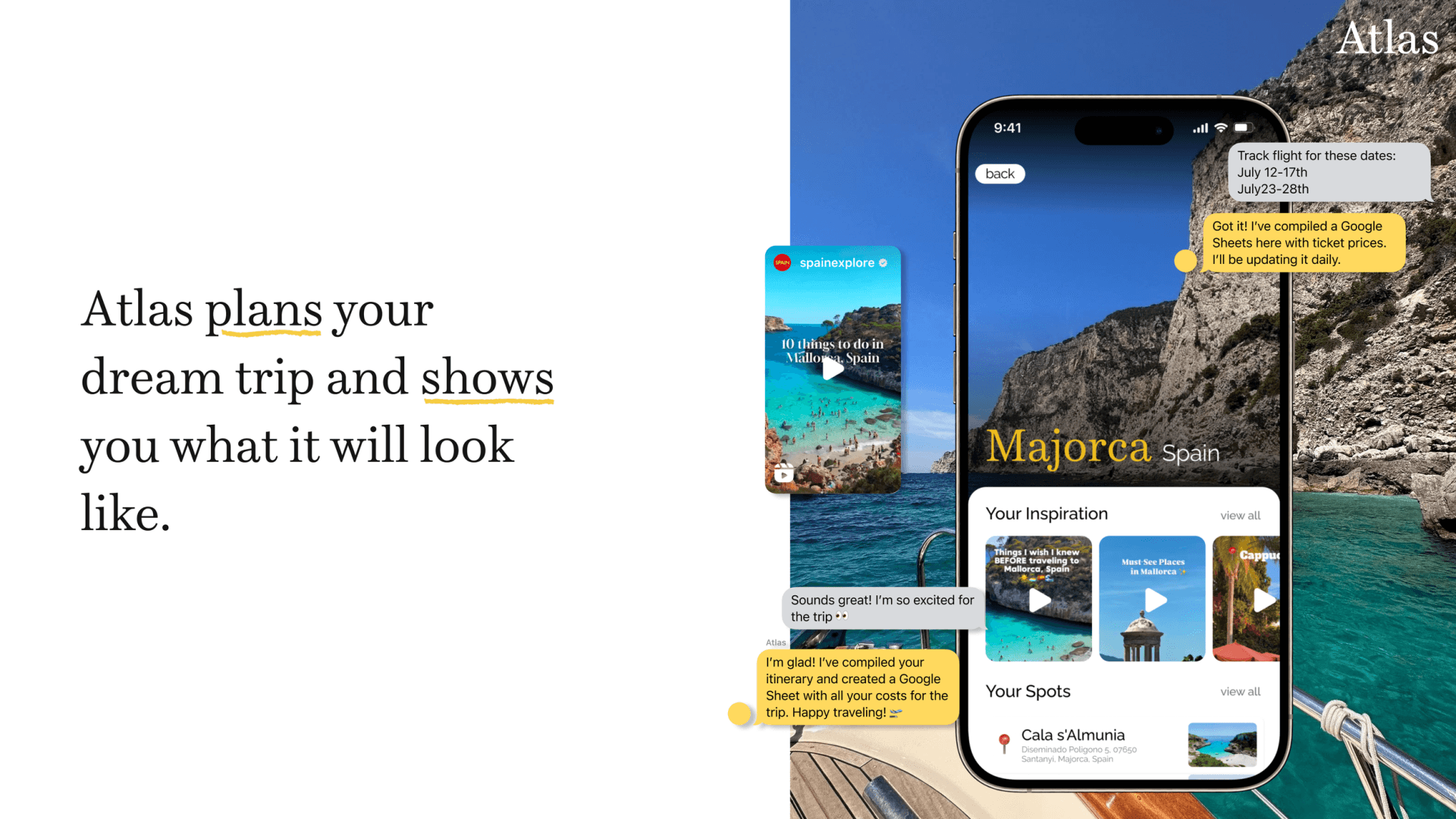 Atlas travel app mockup over a Majorca coastline, with chat bubbles planning a trip and saved inspiration reels