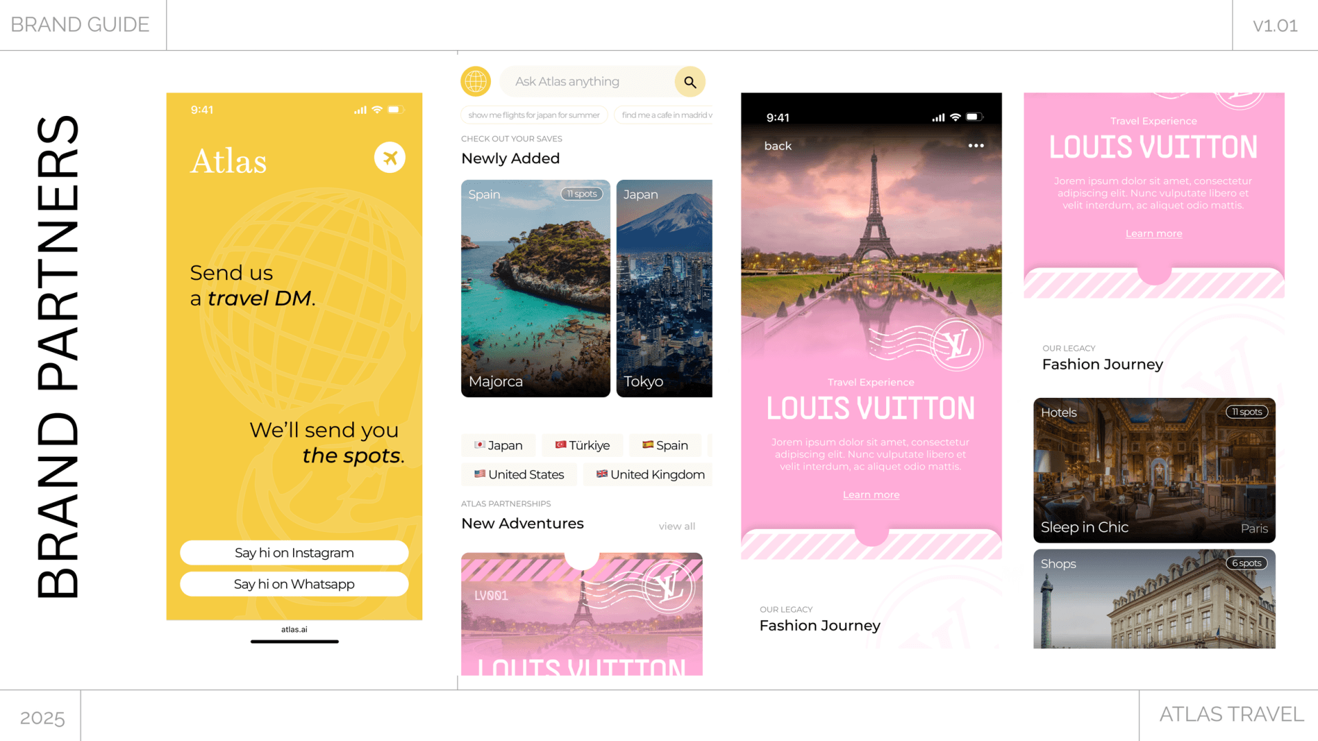 Atlas Travel brand guide page 'Brand Partners' with app screens and a Louis Vuitton travel experience takeover