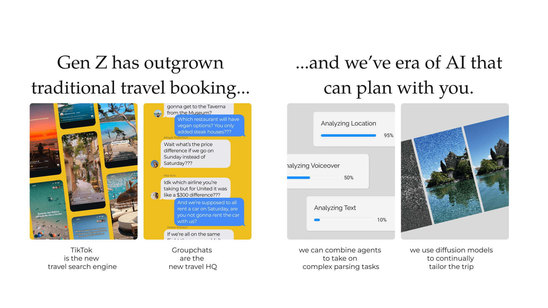 Project Atlas slide contrasting Gen Z travel booking with AI planning, showing TikTok grid and group chat mockups