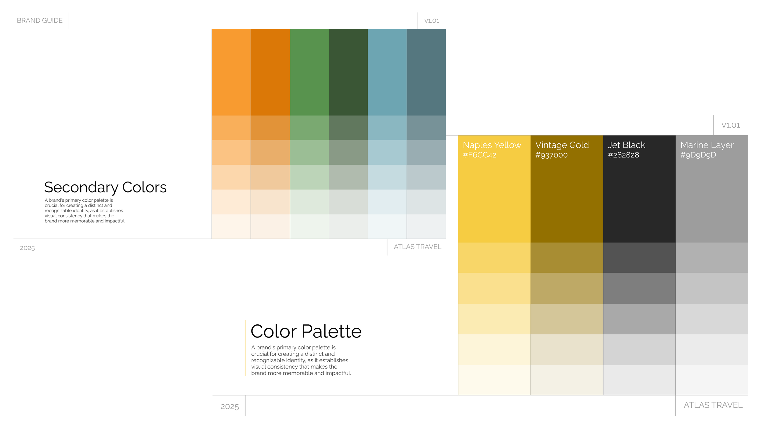 Two Atlas Travel brand guide pages showing secondary color swatch grids and a named primary palette with hex values