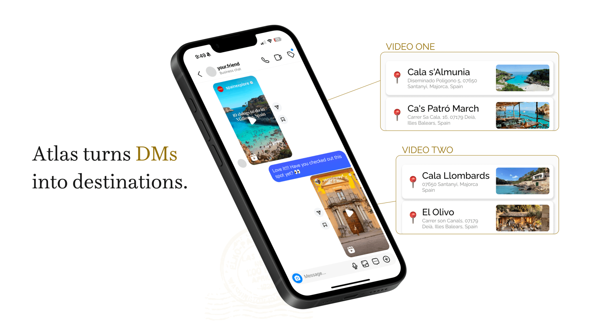 Atlas concept slide: phone showing a DM thread with travel videos, callouts listing the extracted destinations