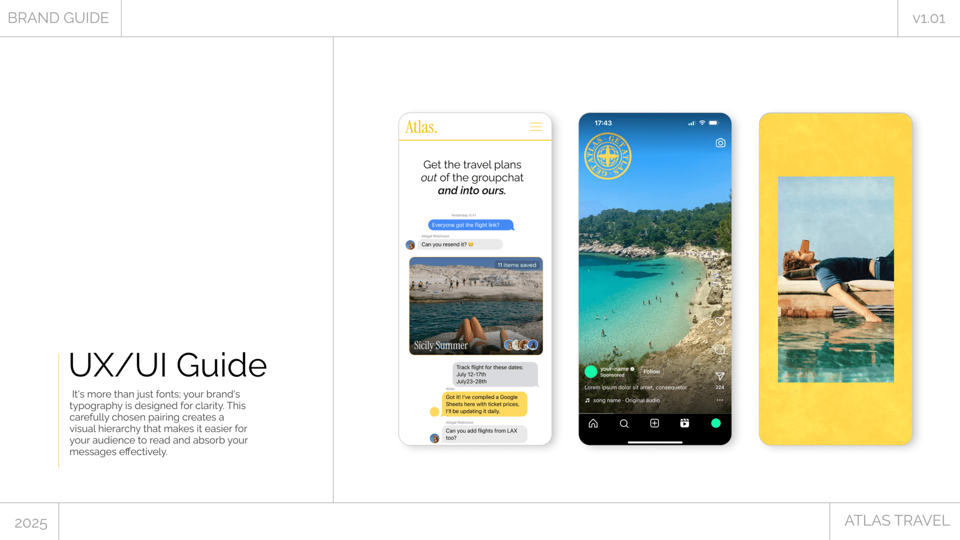 Atlas Travel brand guide page 'UX/UI Guide' with three phone mockups: a group-chat trip thread and a social feed