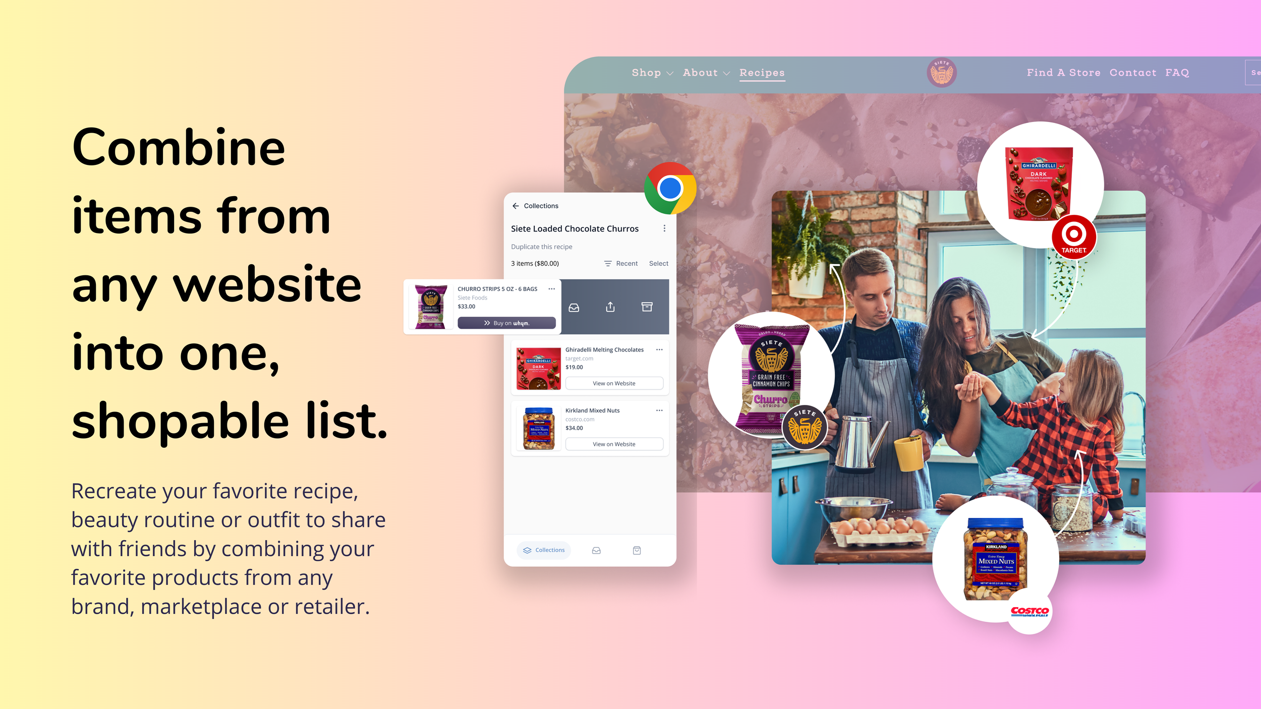 Whym slide reading "Combine items from any website into one, shopable list" with a collection mockup