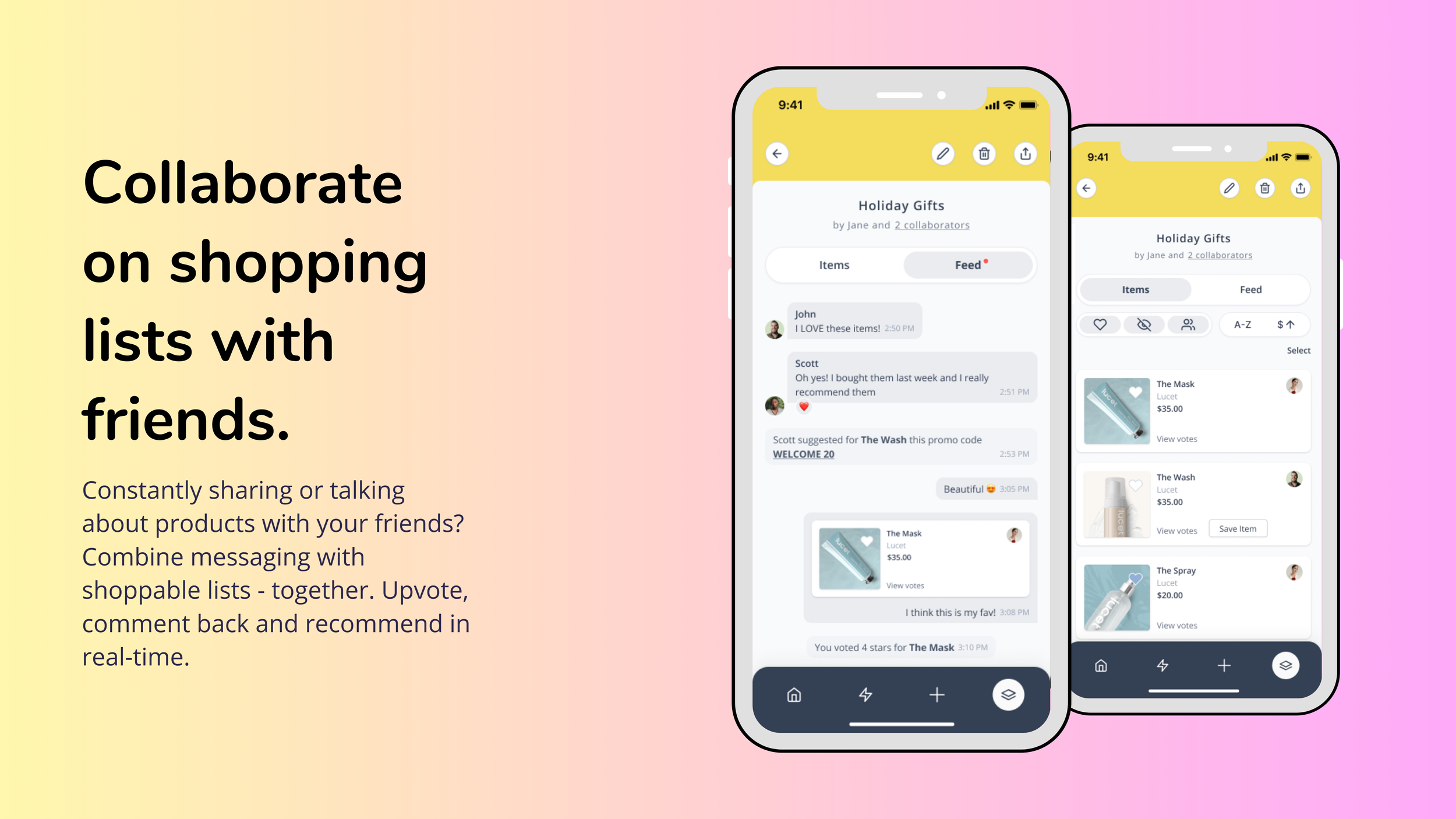 Slide reading 'Collaborate on shopping lists with friends' beside phone mockups of a shared Holiday Gifts list