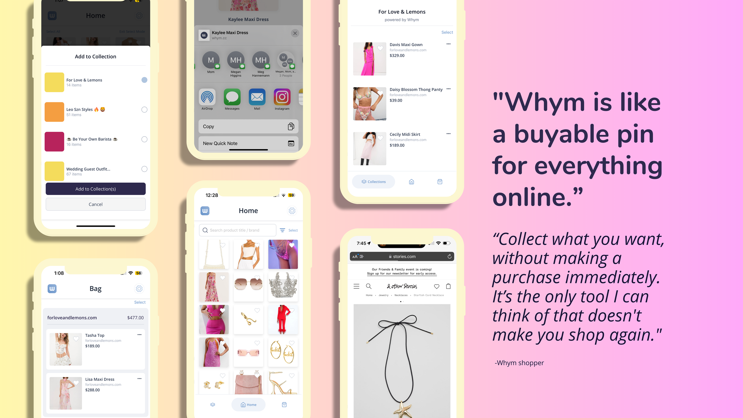 Five Whym app screenshots — collections, share sheet, saved bag and product grid — beside a shopper quote
