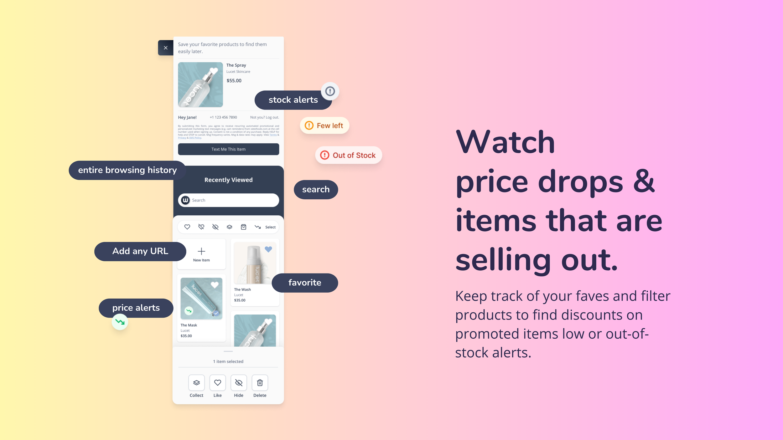 Whym feature slide with an annotated phone screen labelled stock alerts, price alerts, search, favorite and Add any URL