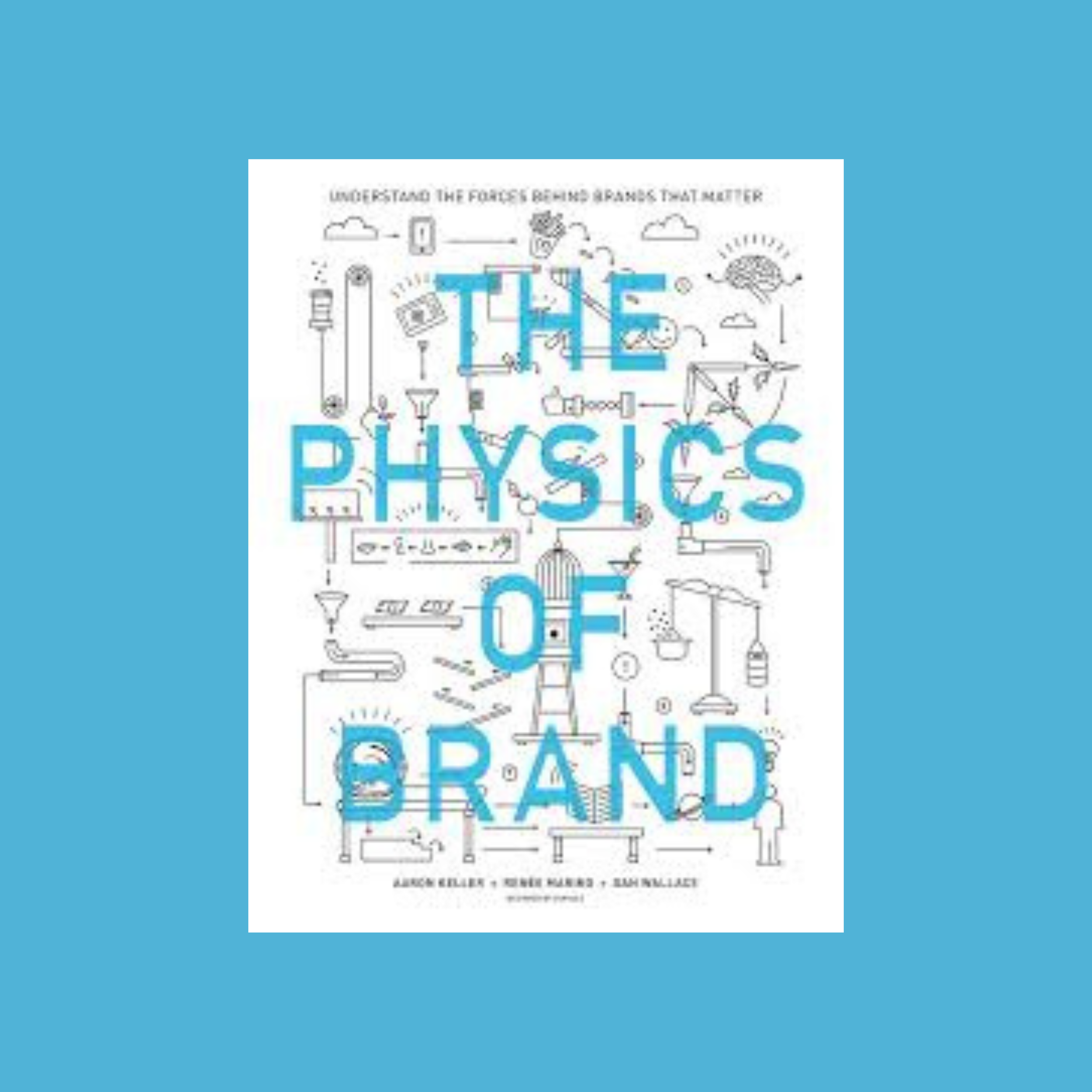 Book cover for The Physics of Brand, cyan title over a white Rube Goldberg line-drawing of machines and arrows