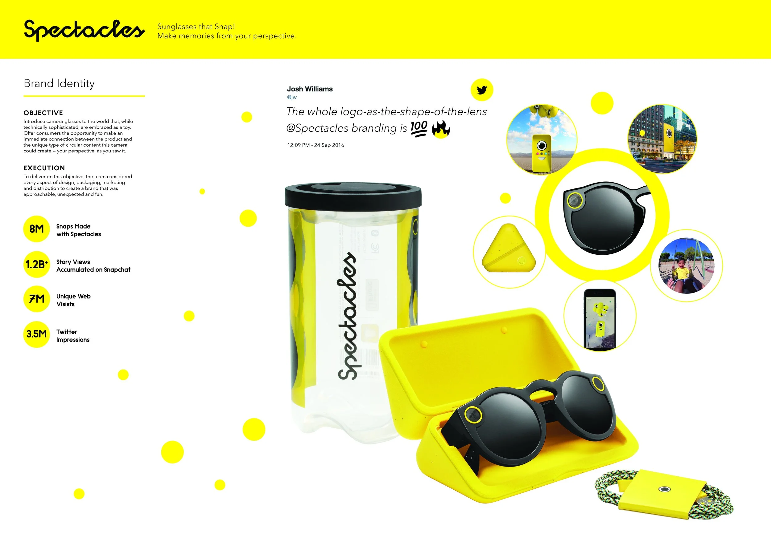Spectacles Brand Identity board with packaging canister, yellow charging case, black glasses and a tweet