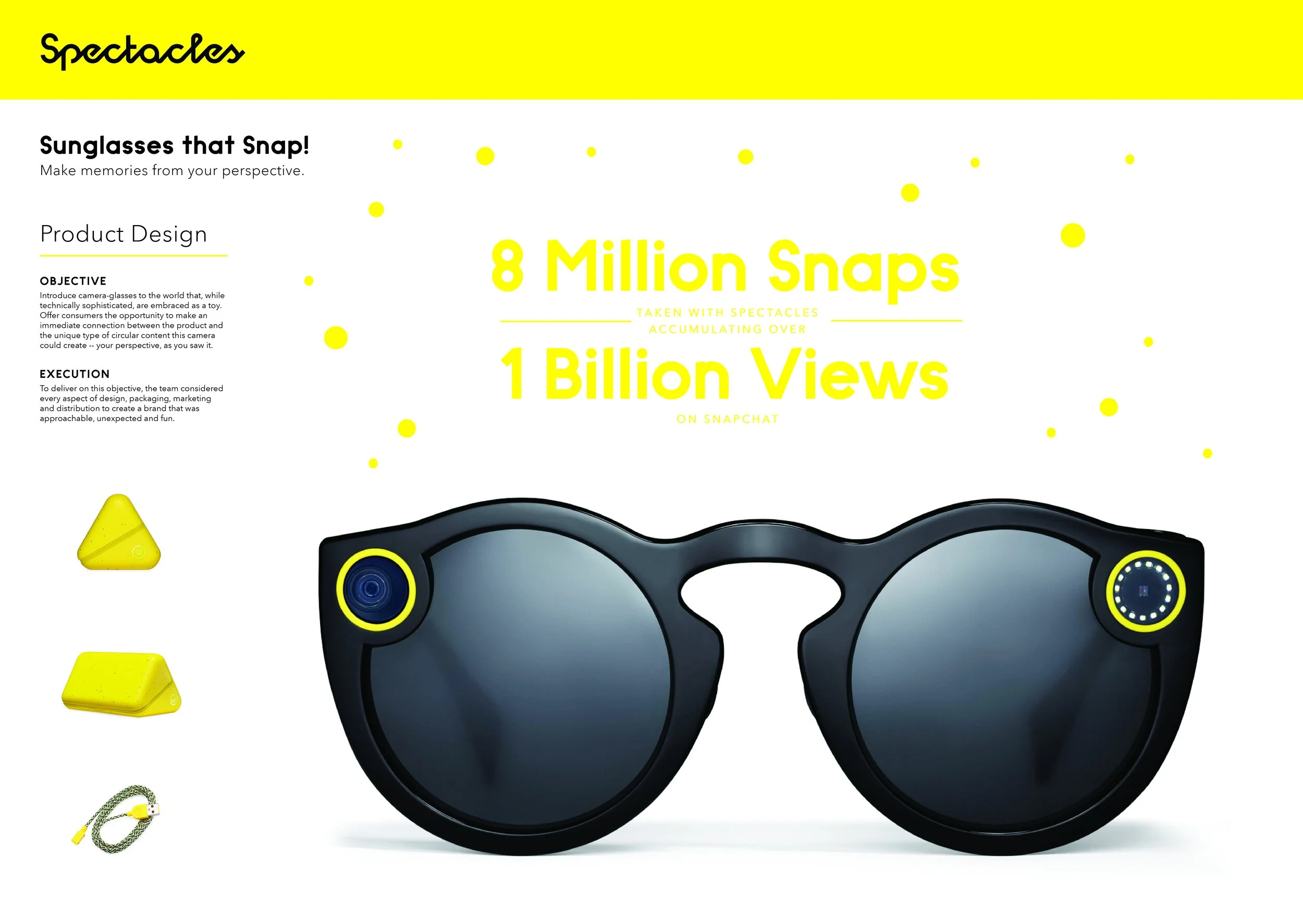 Spectacles Product Design board with a front-on hero of the black camera sunglasses and yellow case