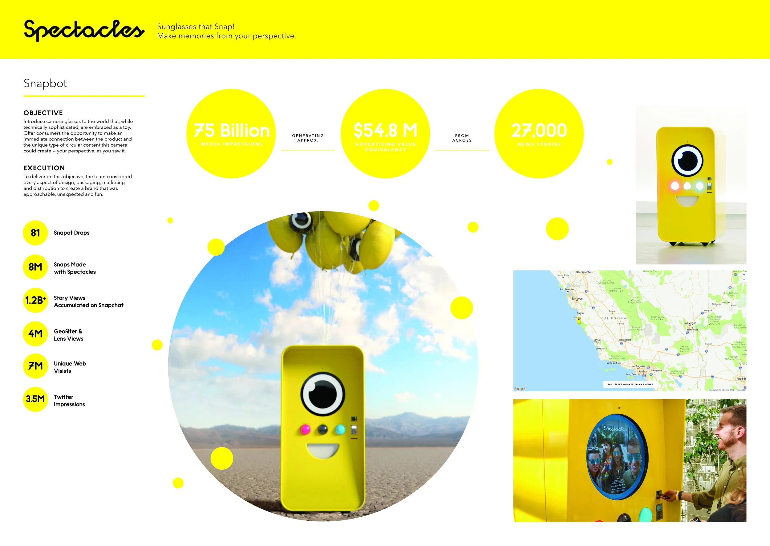 Spectacles slide titled Snapbot: yellow vending robot floating by balloons in a desert, drop map, buyer at kiosk