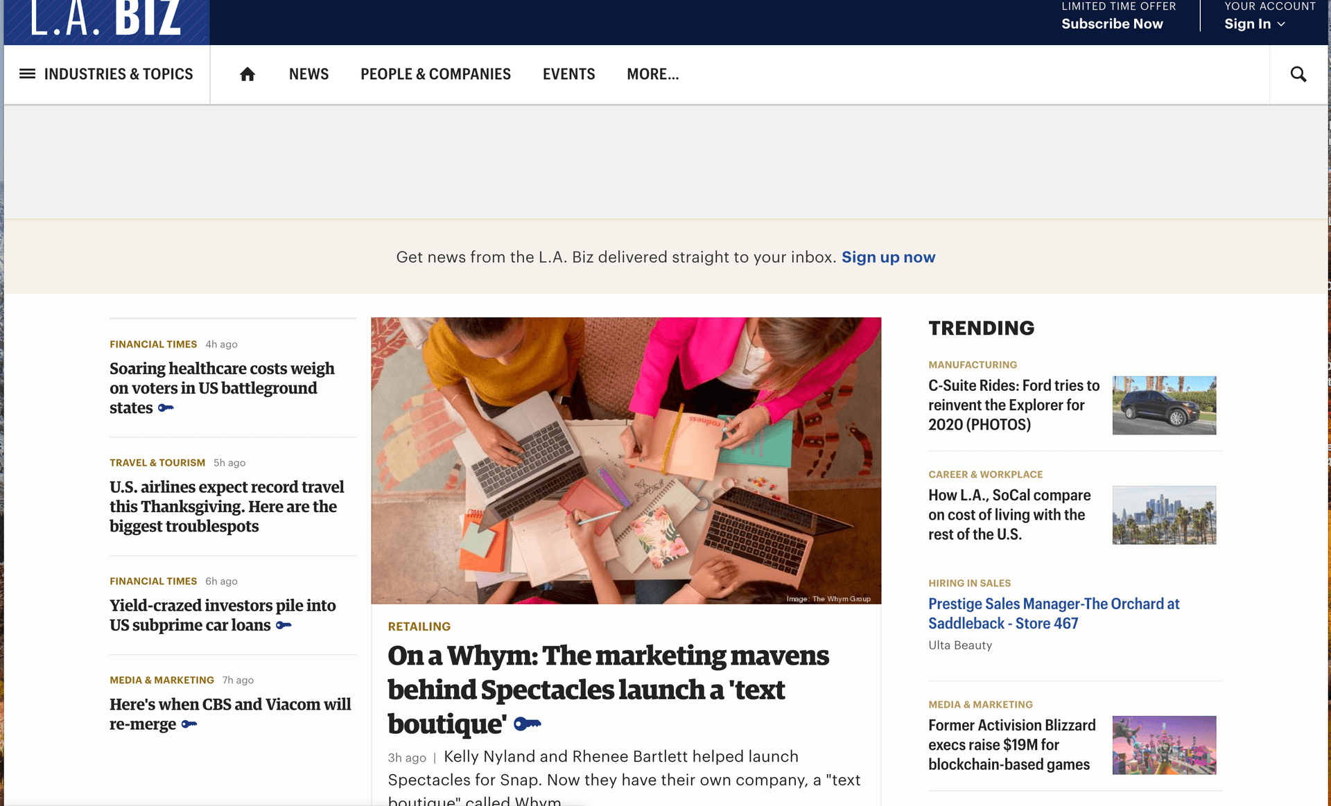 L.A. Biz homepage screenshot leading with the article "On a Whym: The marketing mavens behind Spectacles launch a 'text bouti