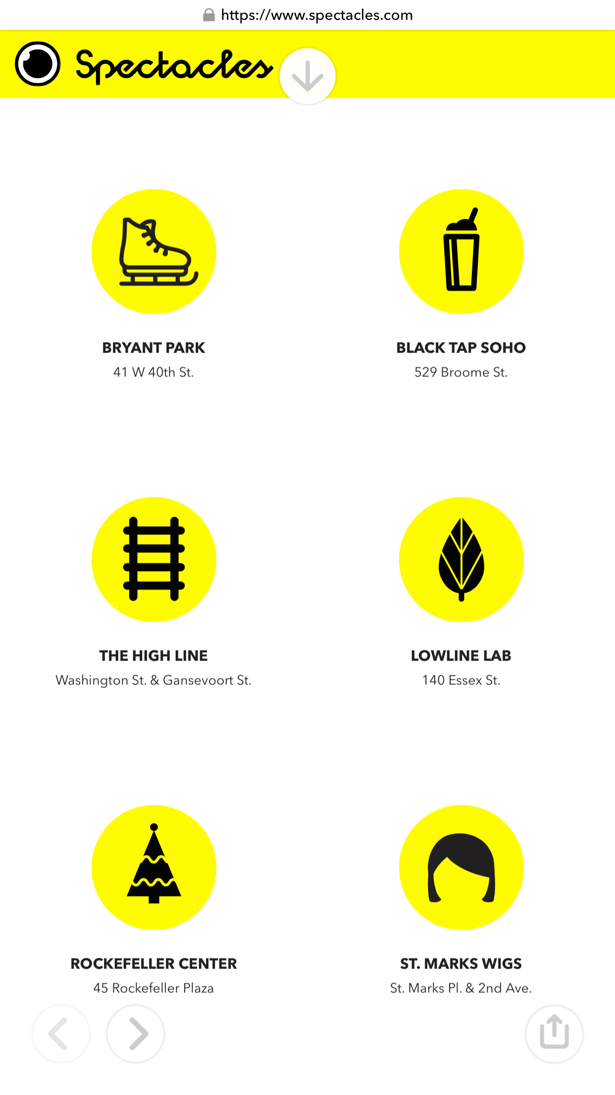 Mobile spectacles.com page listing six New York Snapbot locations with yellow icons and street addresses