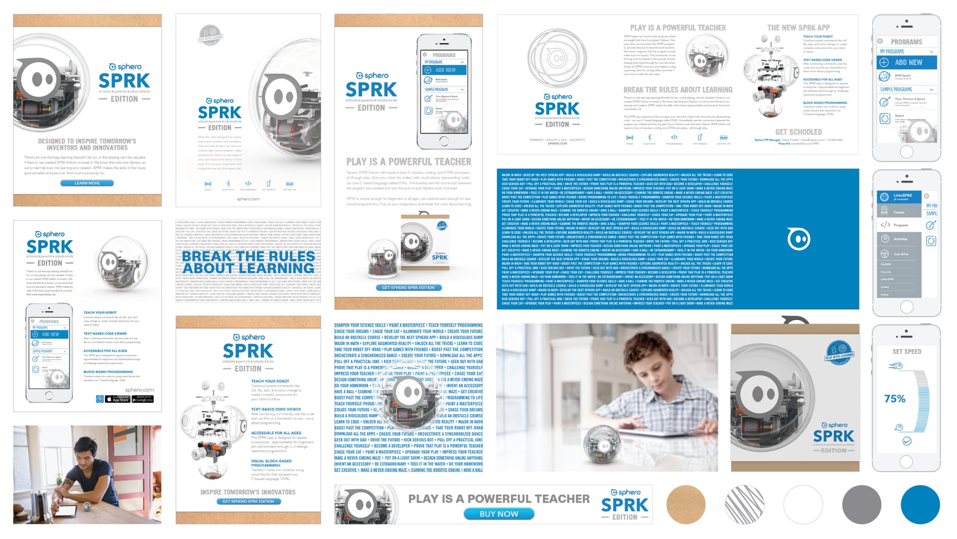 Sphero SPRK Edition campaign board of print ads, press sheet, app screens, banner and color swatches