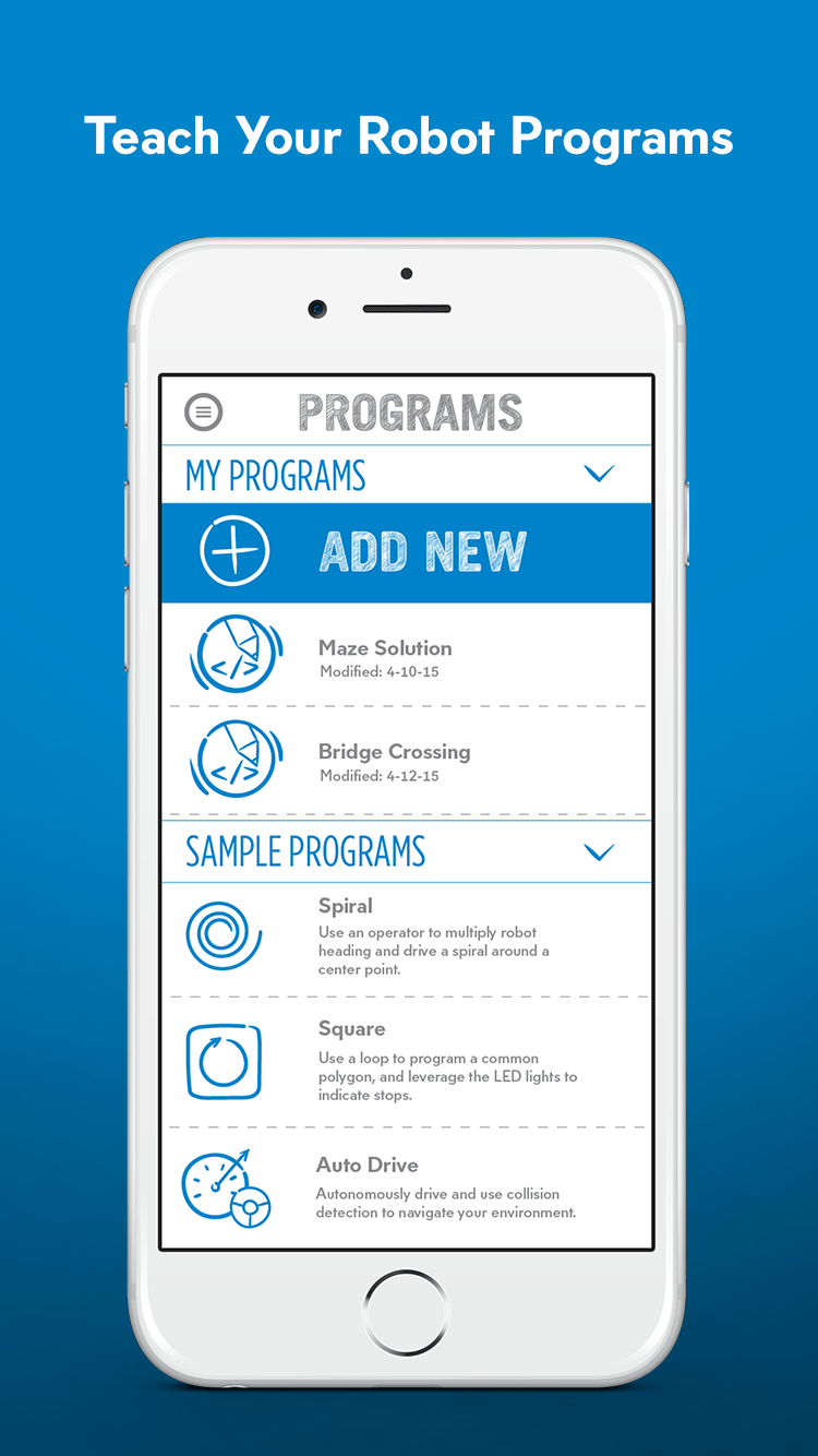 Sphero SPRK app store screenshot titled Teach Your Robot Programs showing a program list on an iPhone