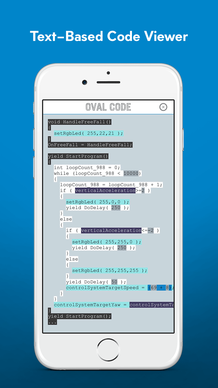 App store screenshot titled Text-Based Code Viewer showing an iPhone displaying OVAL CODE with syntax-highlighted robot code