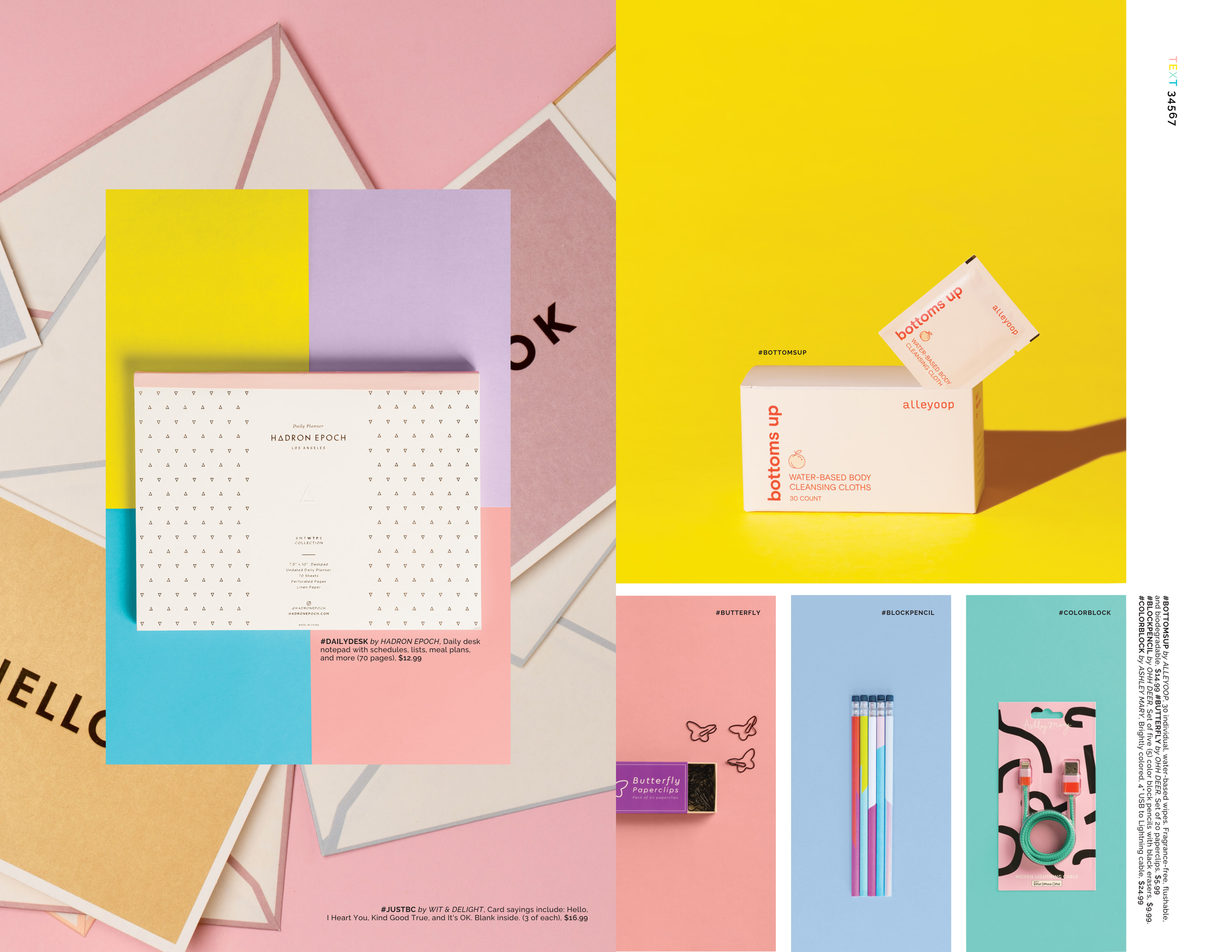 Pastel catalog spread: Hadron Epoch planner, alleyoop cloths, butterfly paperclips and color-block pencils