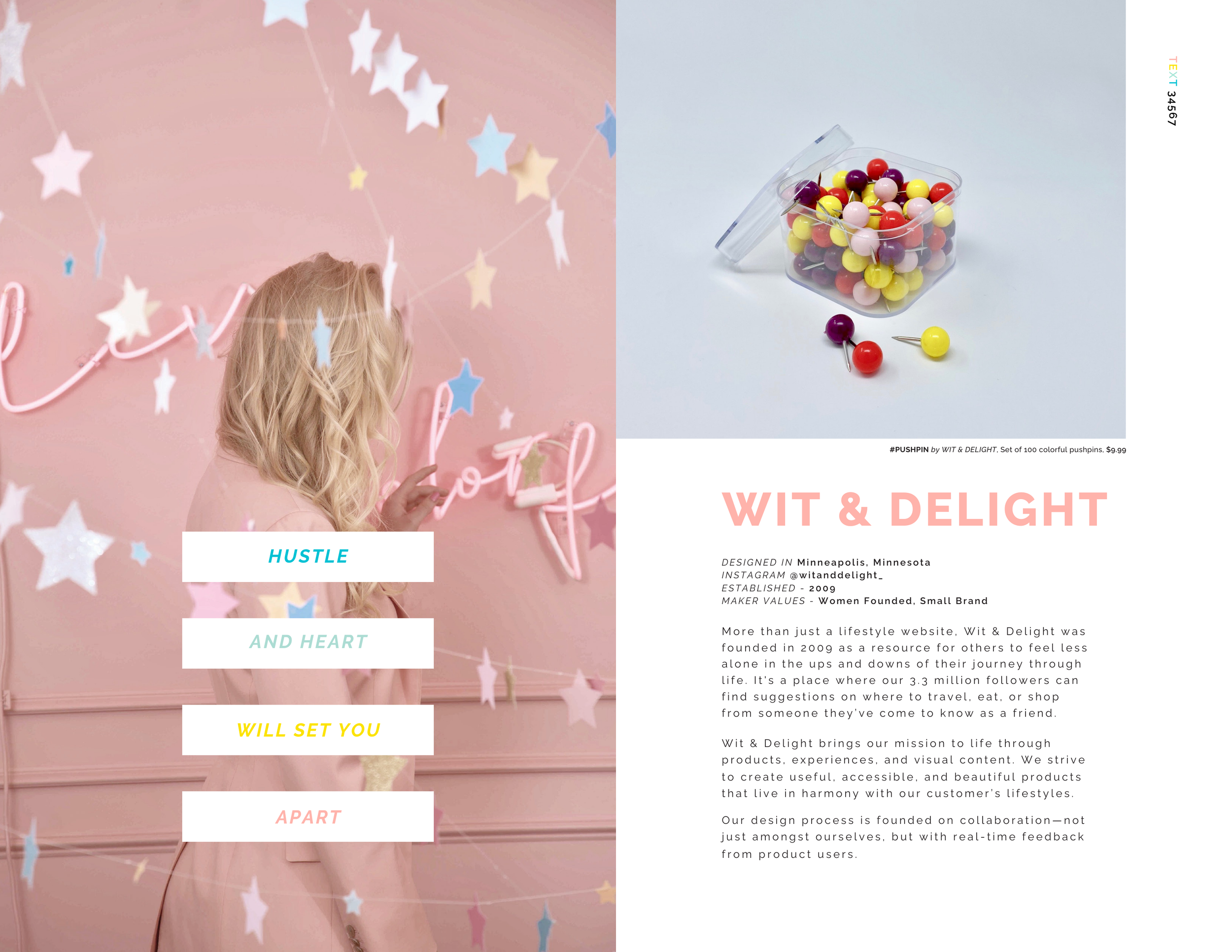 Wit & Delight catalog spread: pink starry photo with type overlay beside pushpin product shot and brand profile