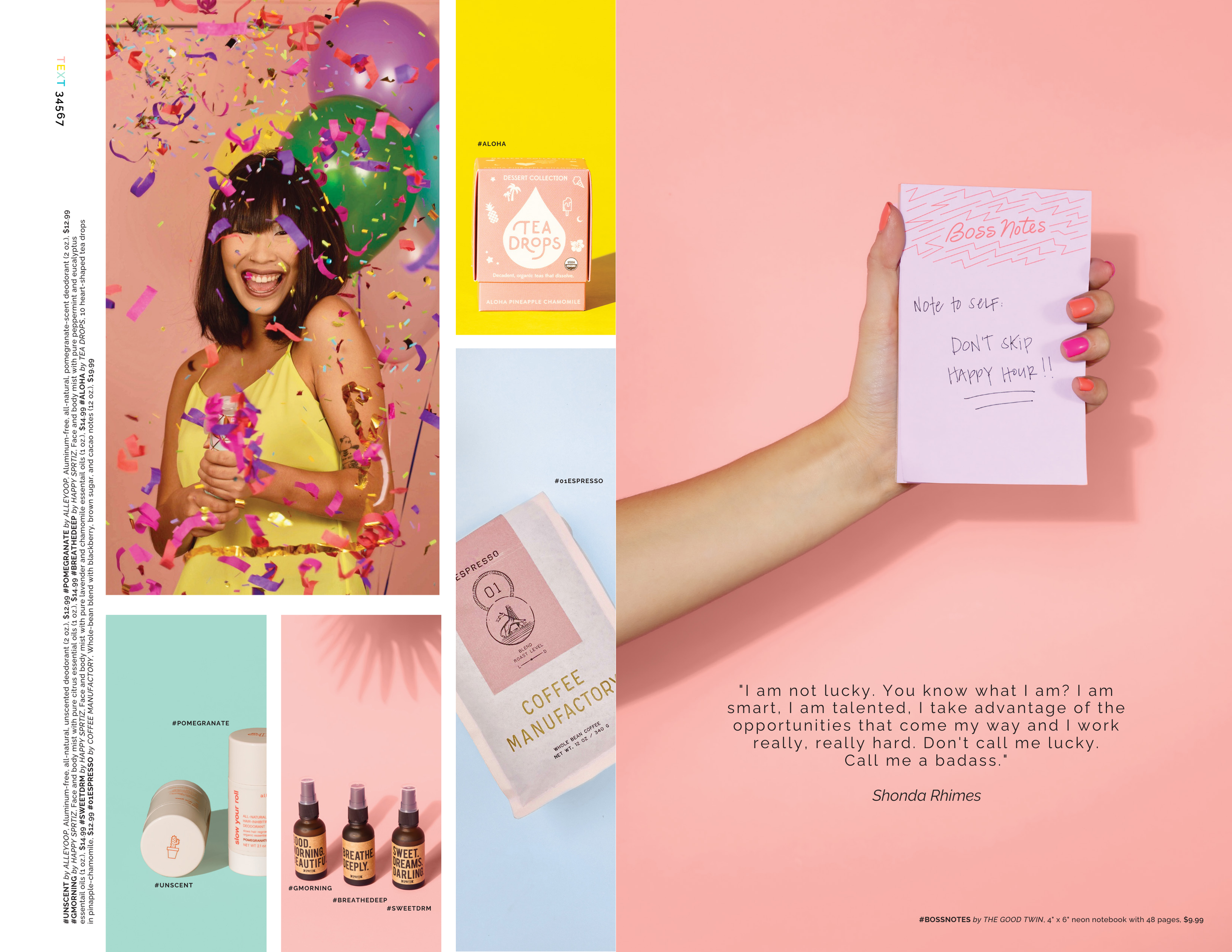 Pastel lookbook spread with confetti portrait, Tea Drops box, coffee bag and a "Boss Notes" notebook