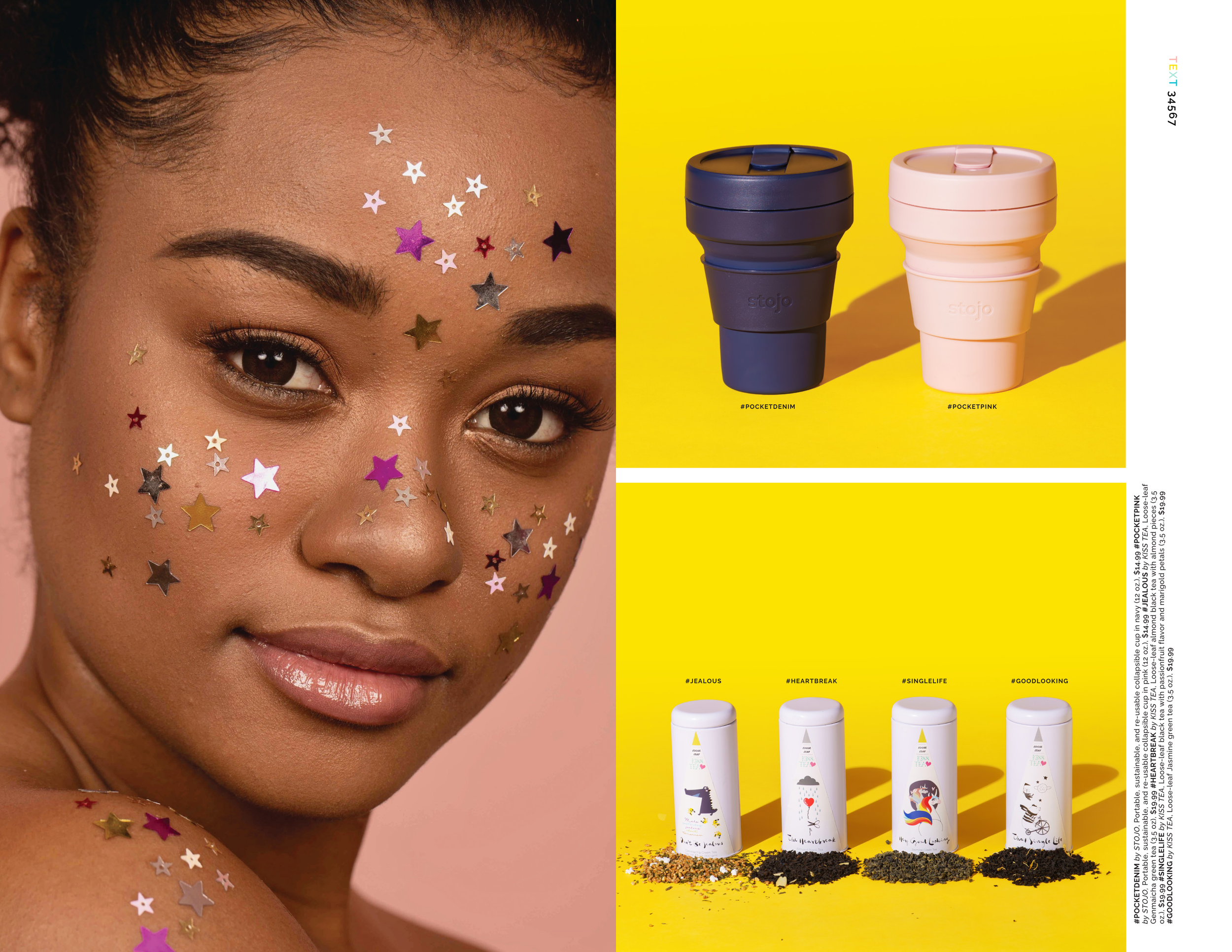 Catalog spread with a star-confetti beauty portrait beside Stojo collapsible cups and Kiss Tea tins