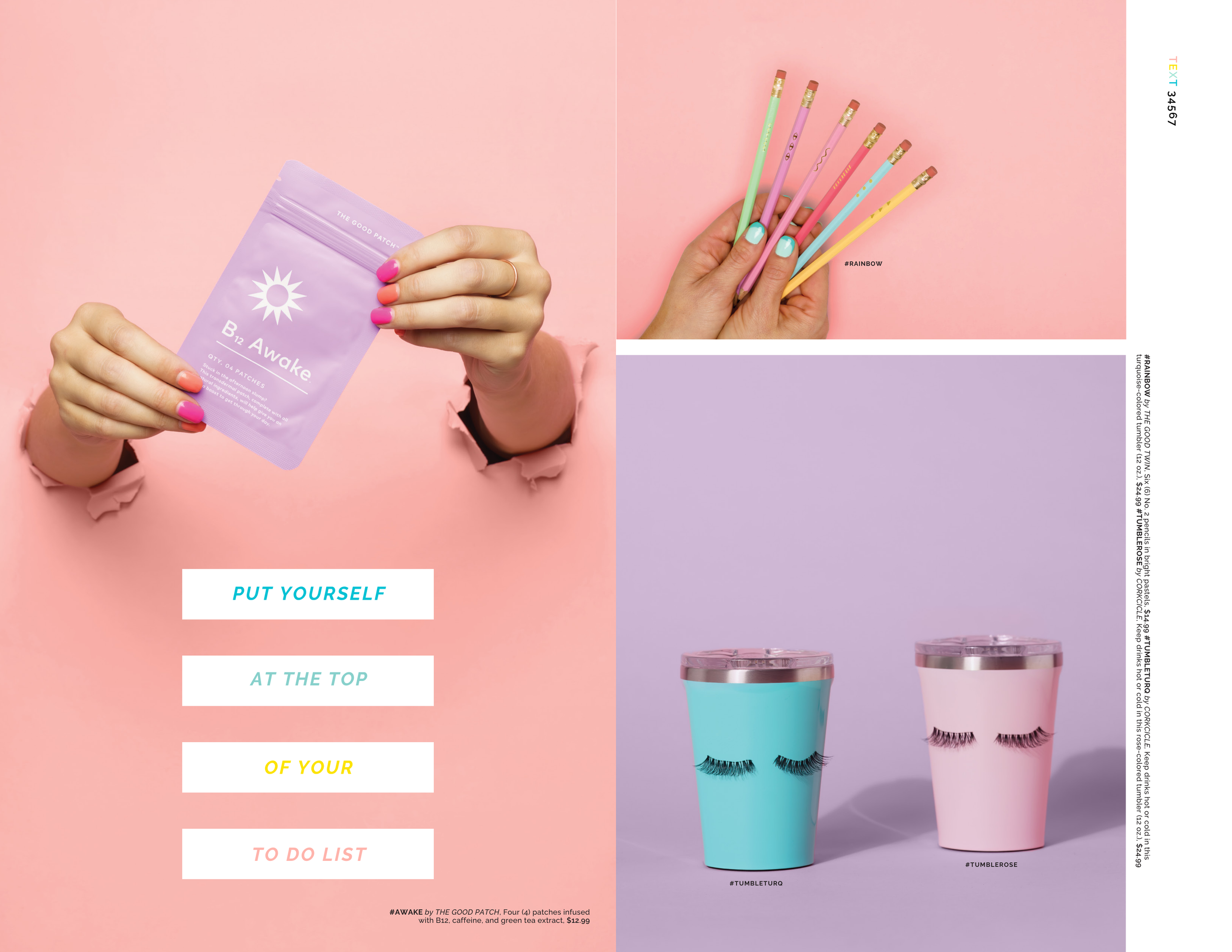 Text Shop catalog spread: a hand holding a B12 Awake patch pack, pastel pencils, and two eyelash-decorated tumblers