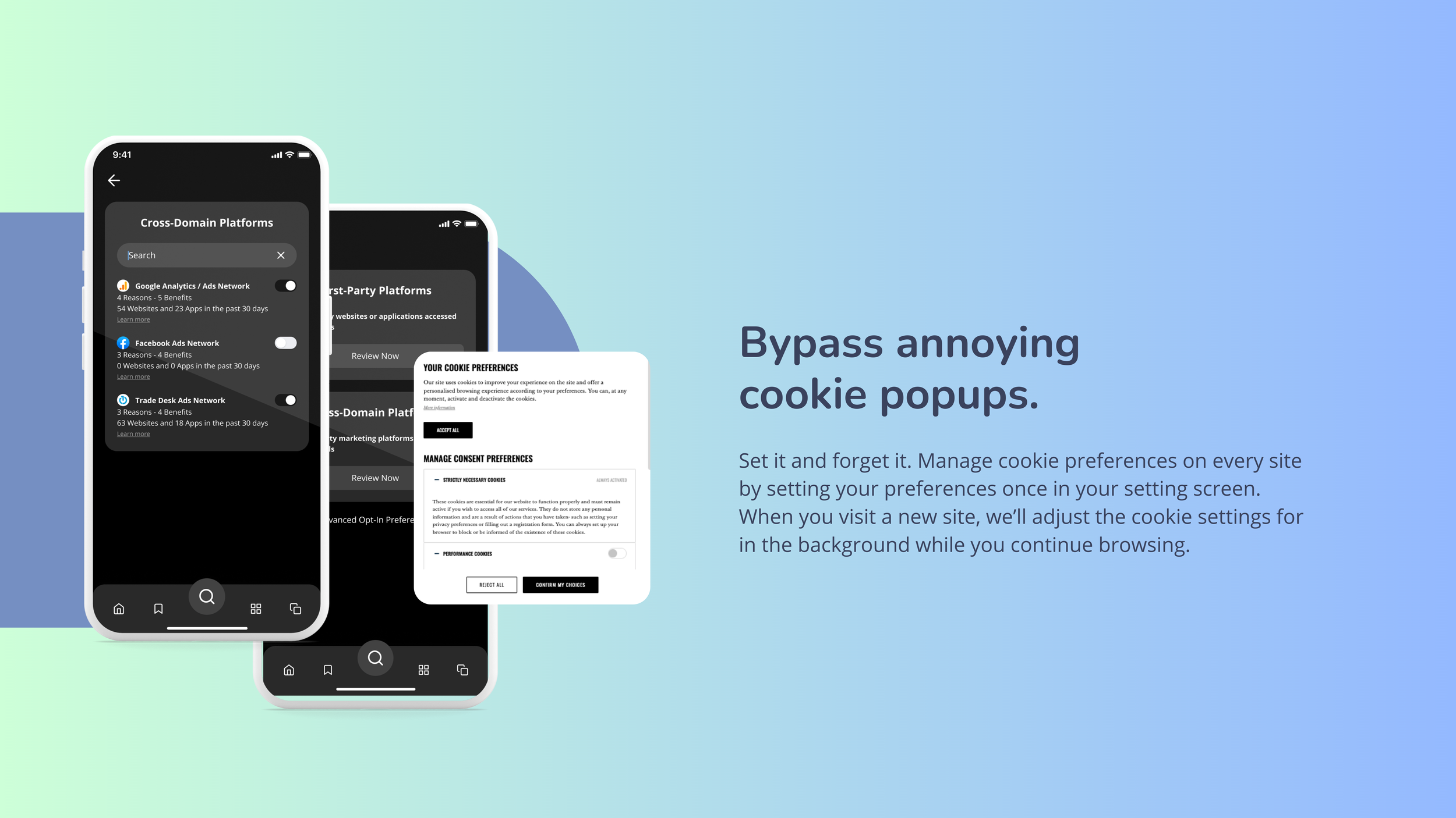 Slide 'Bypass annoying cookie popups' with dark phone screens listing ad-network consent toggles and a preference panel