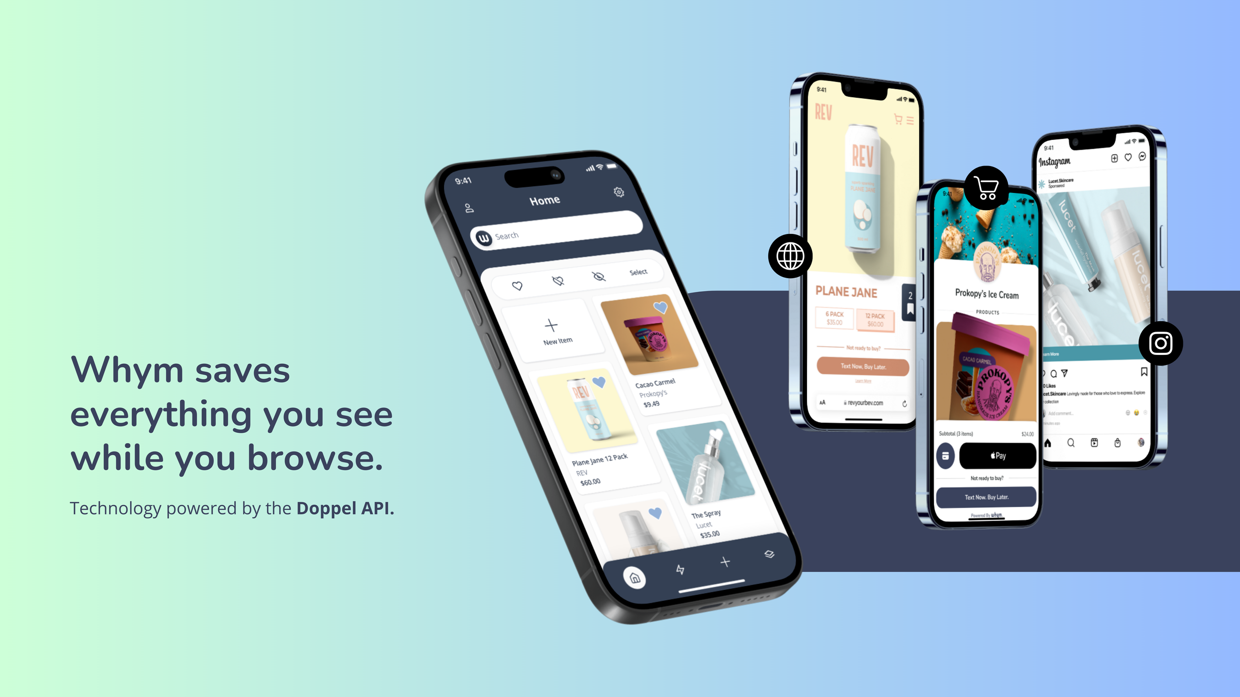Whym slide with four phone mockups: a saved-products home feed, a brand site, a checkout sheet and a sponsored Instagram post