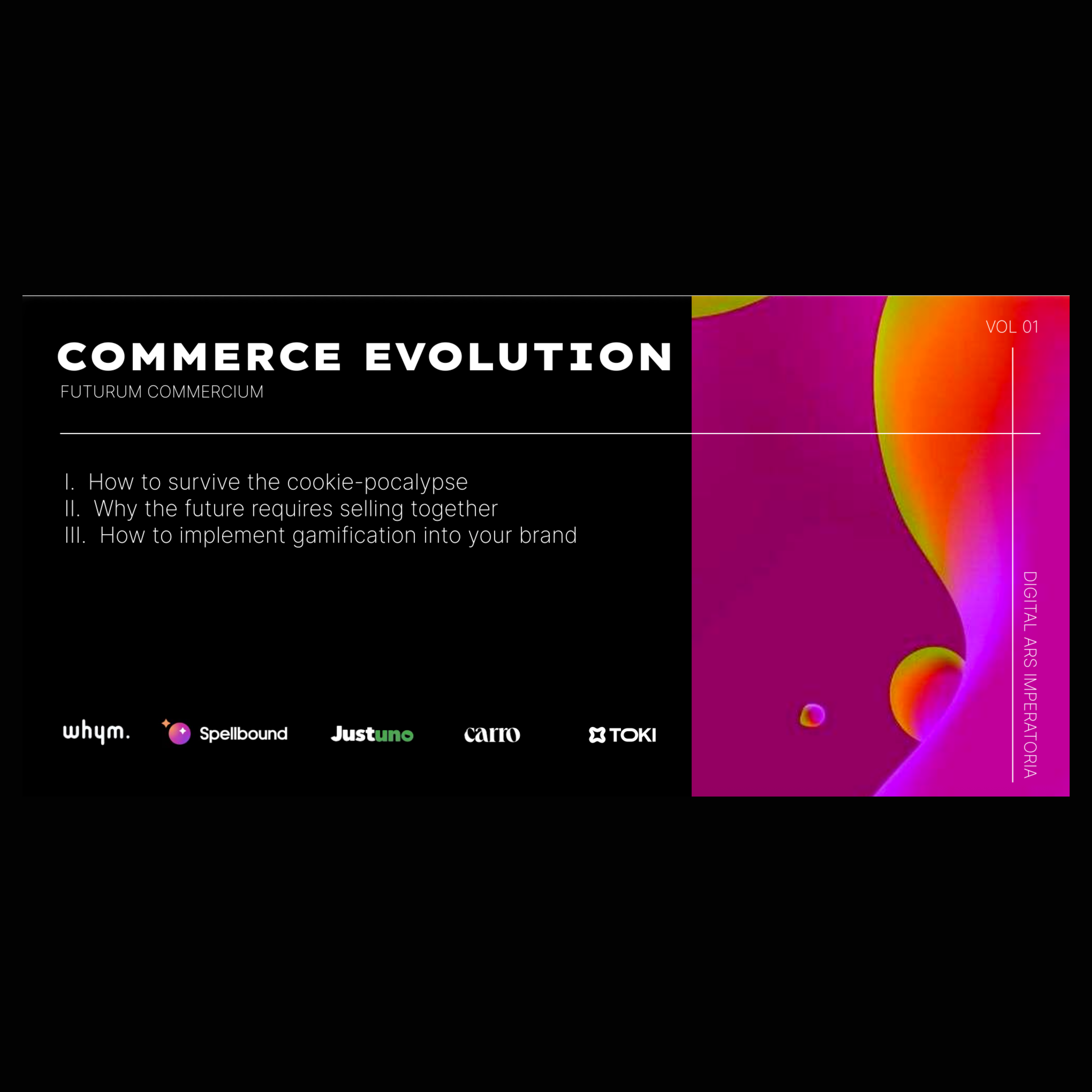 Commerce Evolution ebook cover: black panel listing three chapters beside a magenta fluid graphic, brand logos below